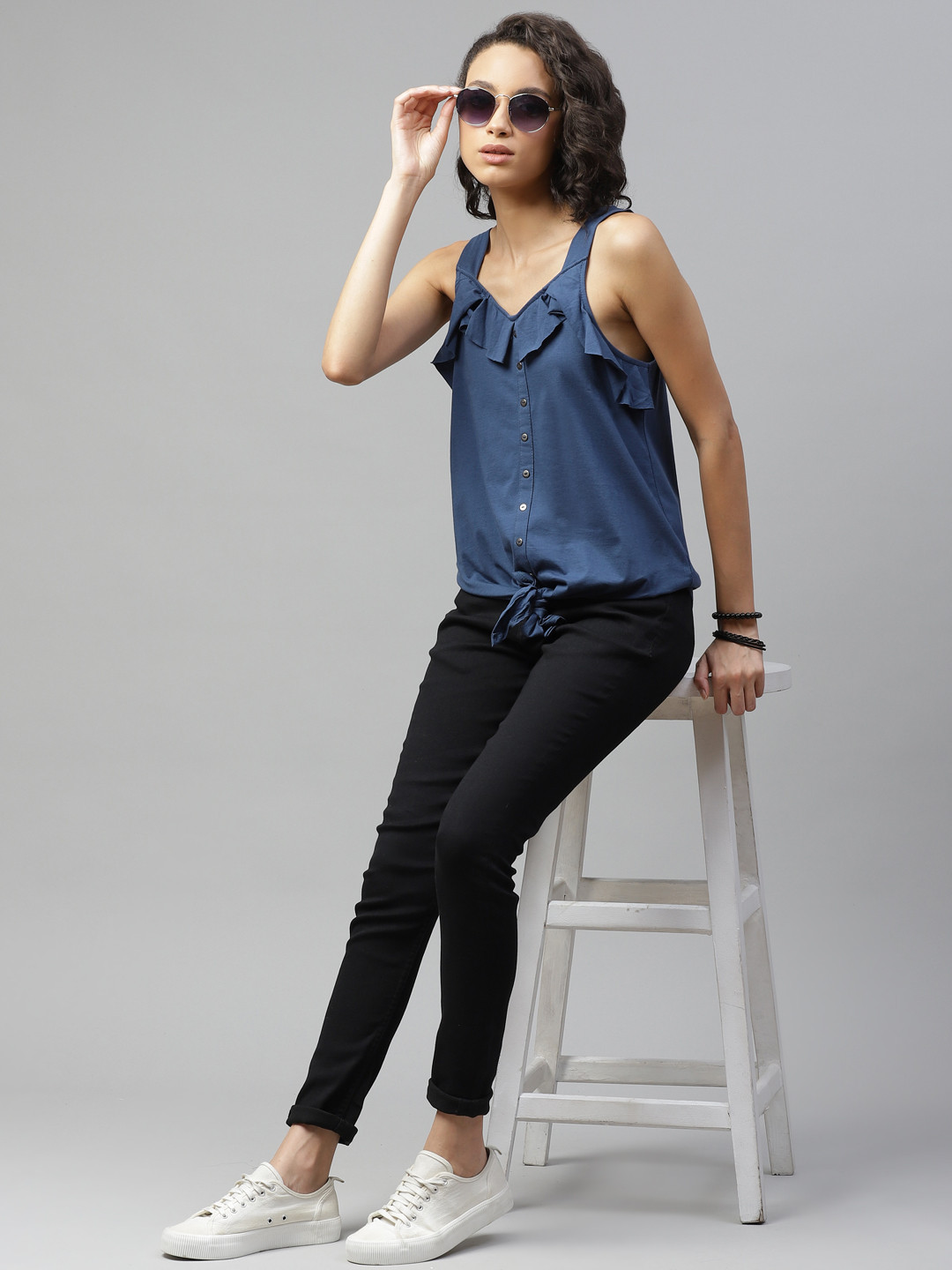 The Roadster Lifestyle Co Navy Blue Solid Pure Cotton Ruffles Regular Top