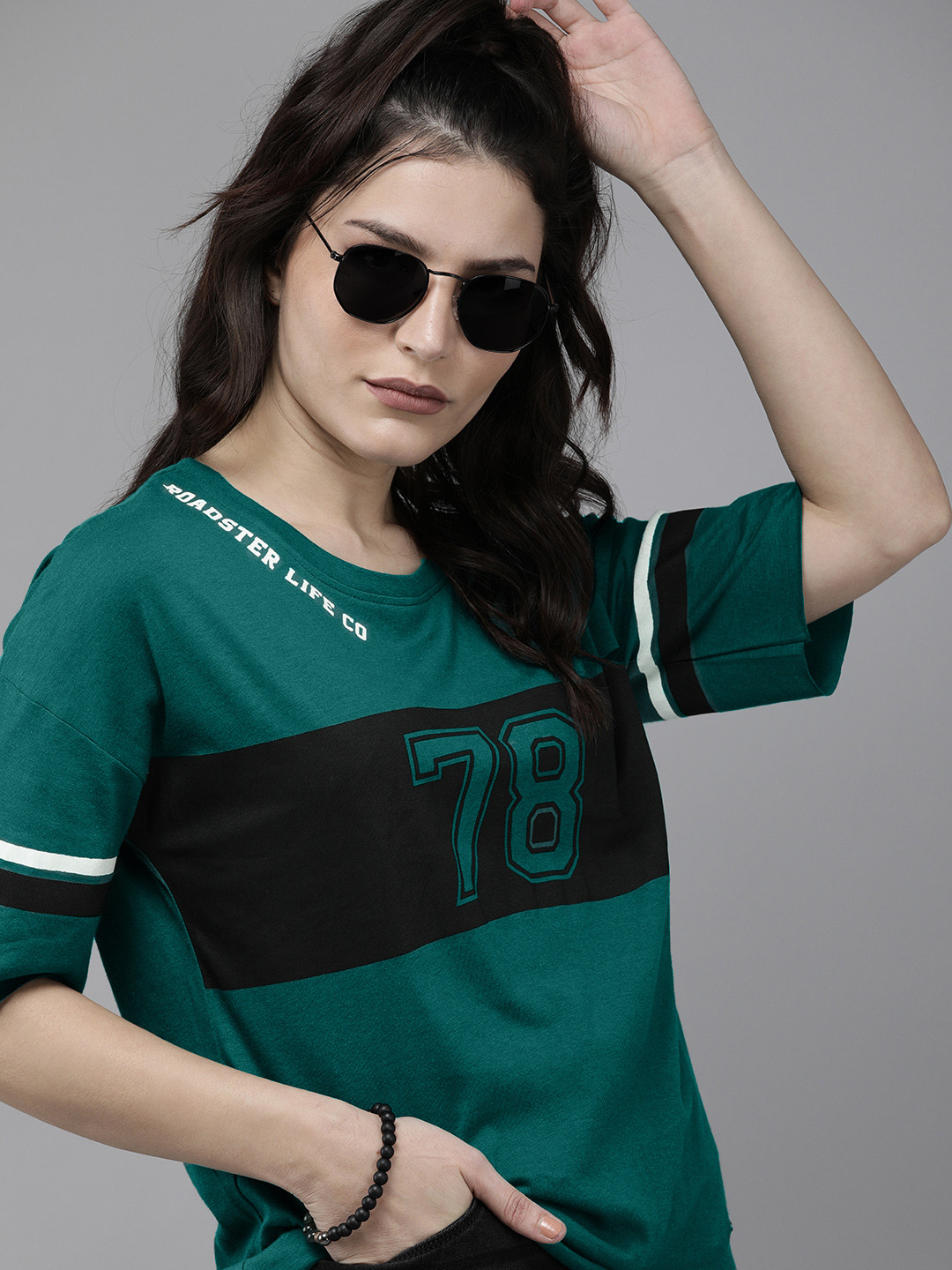 The Roadster Lifestyle Co Women Teal Green Varsity Printed Drop-Shoulder Sleeves Raw Edge T-shirt