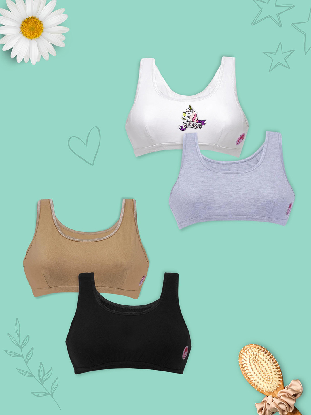 Girls Pack Of 4 Double Layer Premium Cotton Non-Wired Non Padded Beginners Bra DCBRDC6444/xxxs