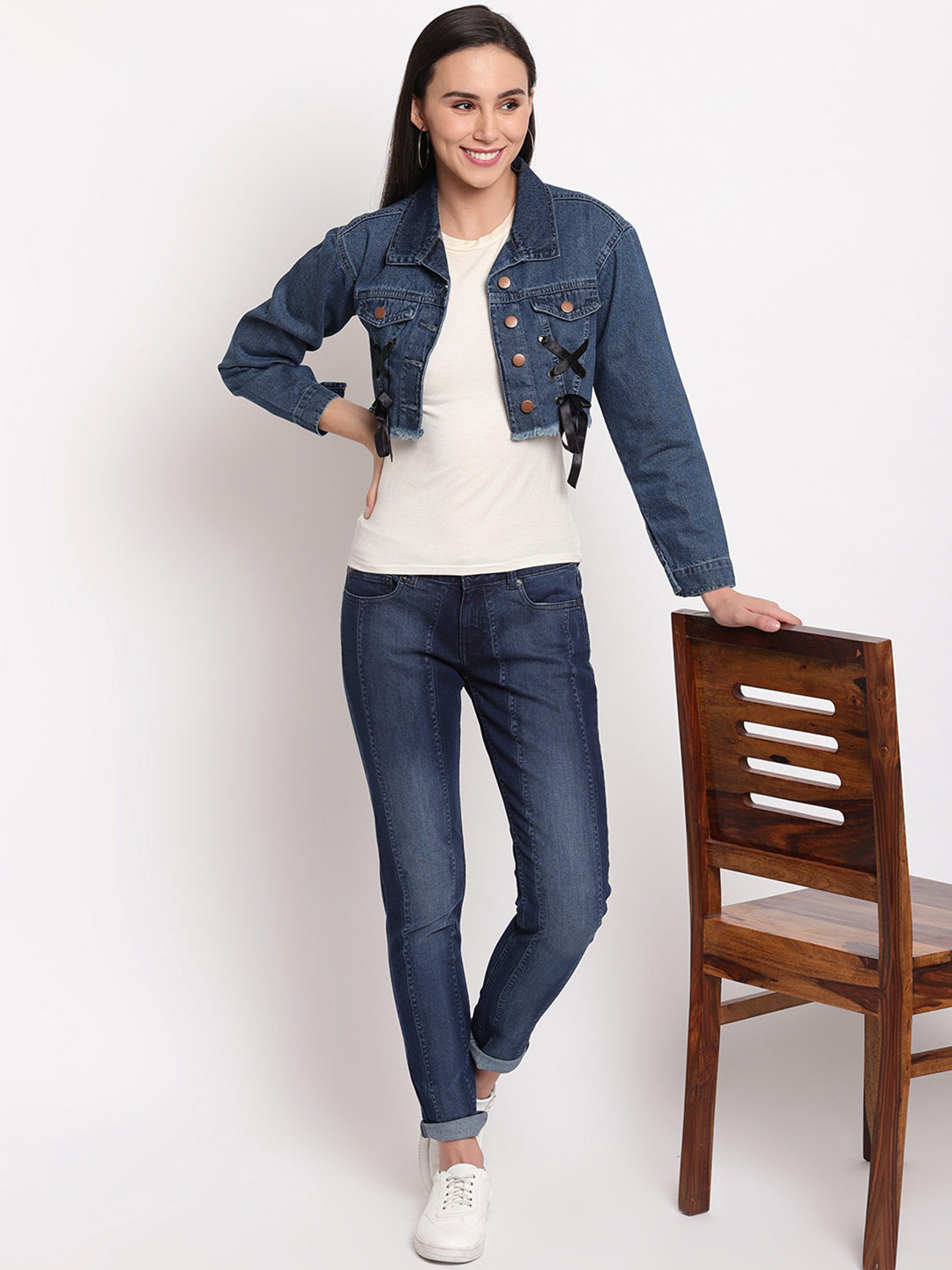 TALES & STORIES Women Blue Solid Denim Jacket