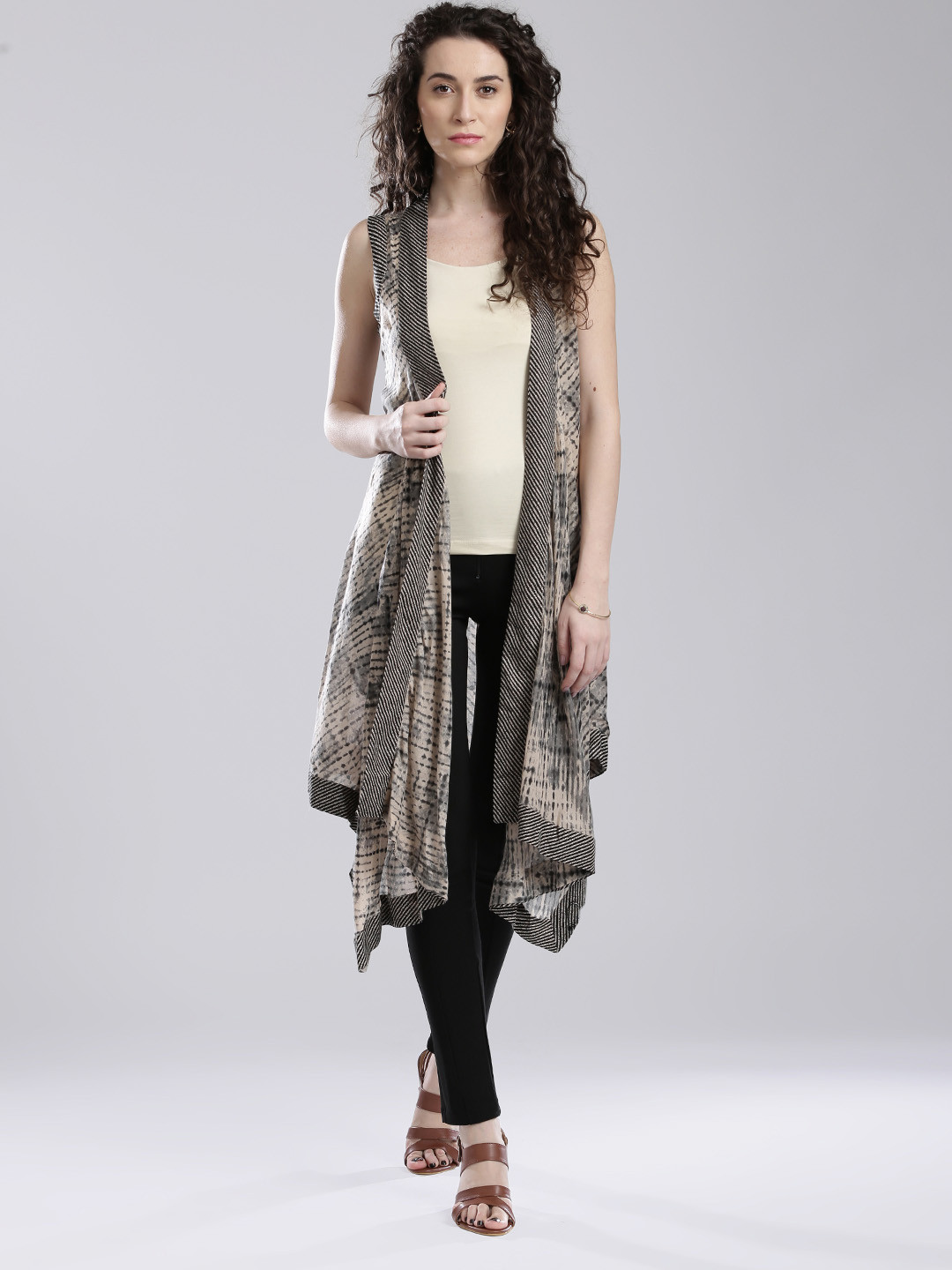 W Beige & Grey Printed Longline Shrug