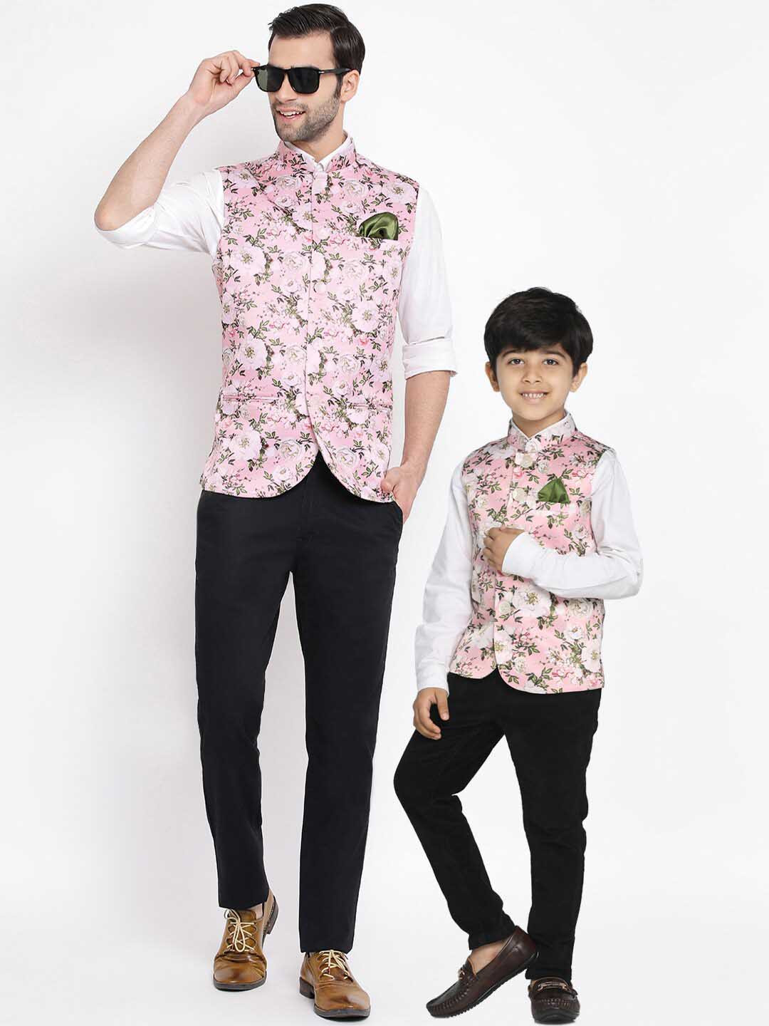 VASTRAMAY Men Pink & Green Floral Printed Nehru Jacket