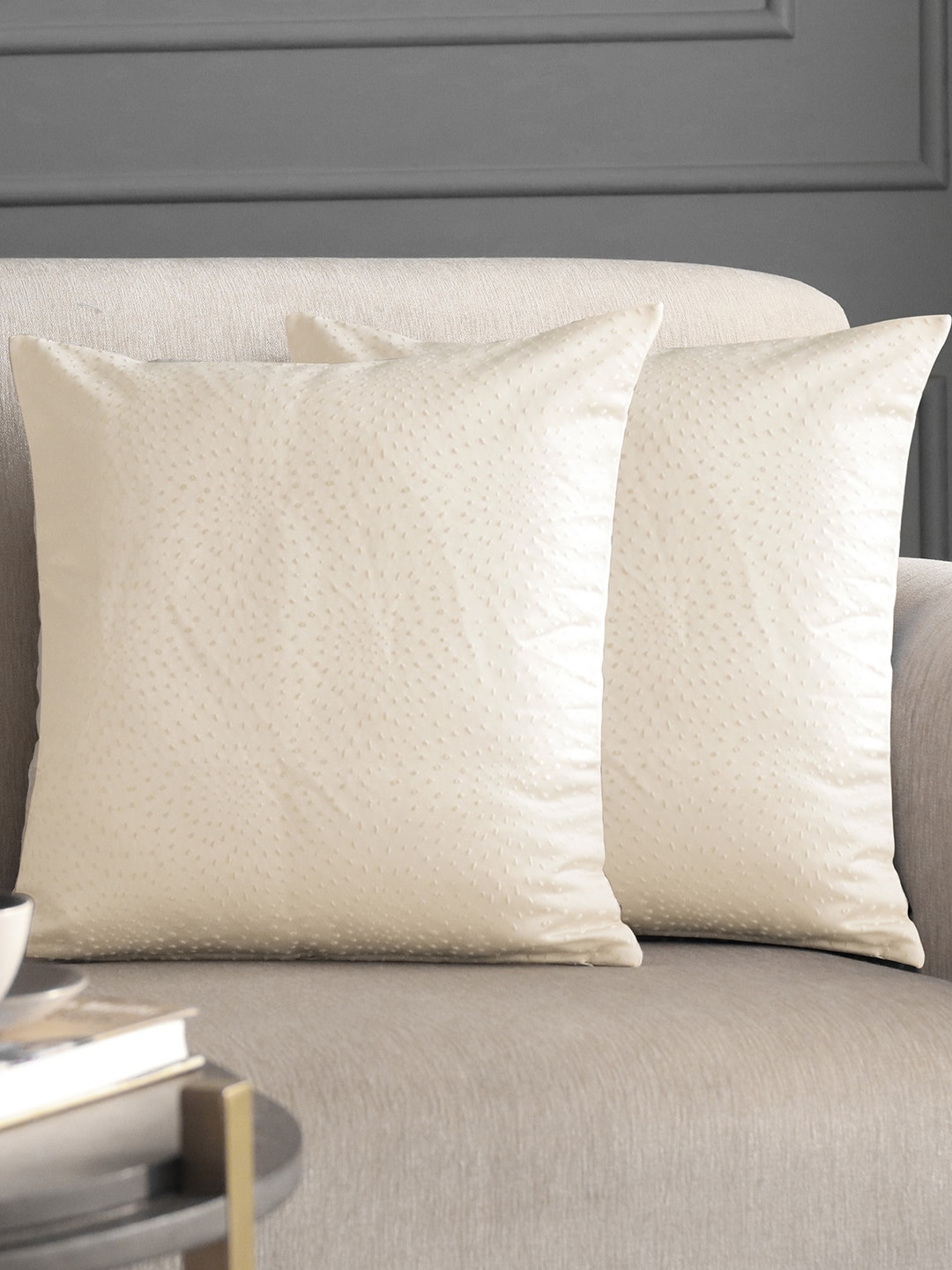 GM Beige Self Design Polyester Washable 2 Piece Square Cushion Covers - 17.7 x 17.7 Inches