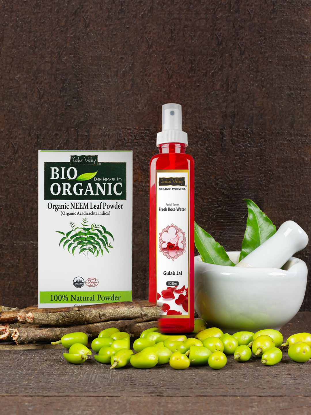 Indus Valley Bio Organic Neem Powder & Ayurveda Facial Toner Fresh Rose Water