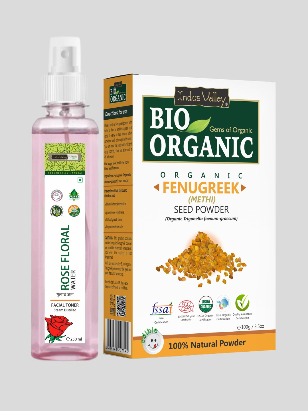 Indus Valley Orange Bio Organic Fenugreek Powder & Ayurveda Facial Fresh Rose Water Toner