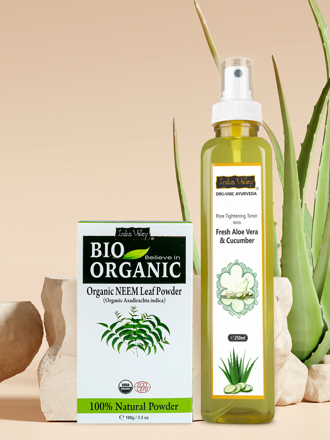 Indus Valley Bio Organic Neem Powder & Ayurveda Fresh Aloe Vera & Cucumber Water 350 gm
