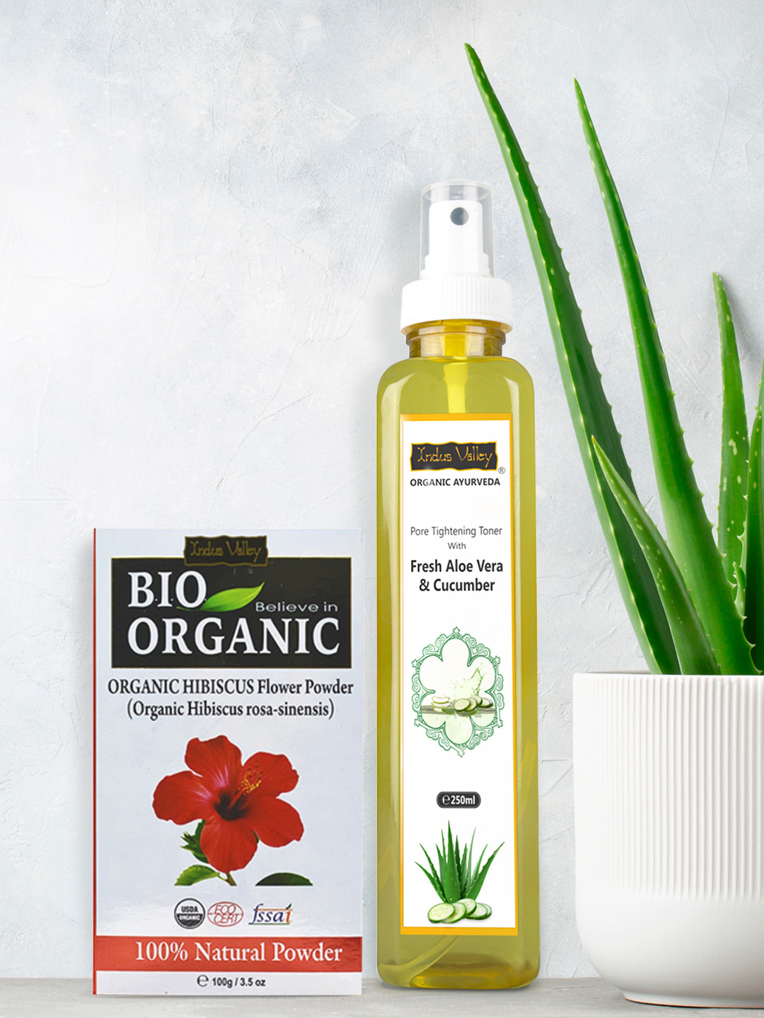 Indus Valley Set of 2 Hibiscus Powder & Ayurveda Fresh Aloe Vera & Cucumber Water
