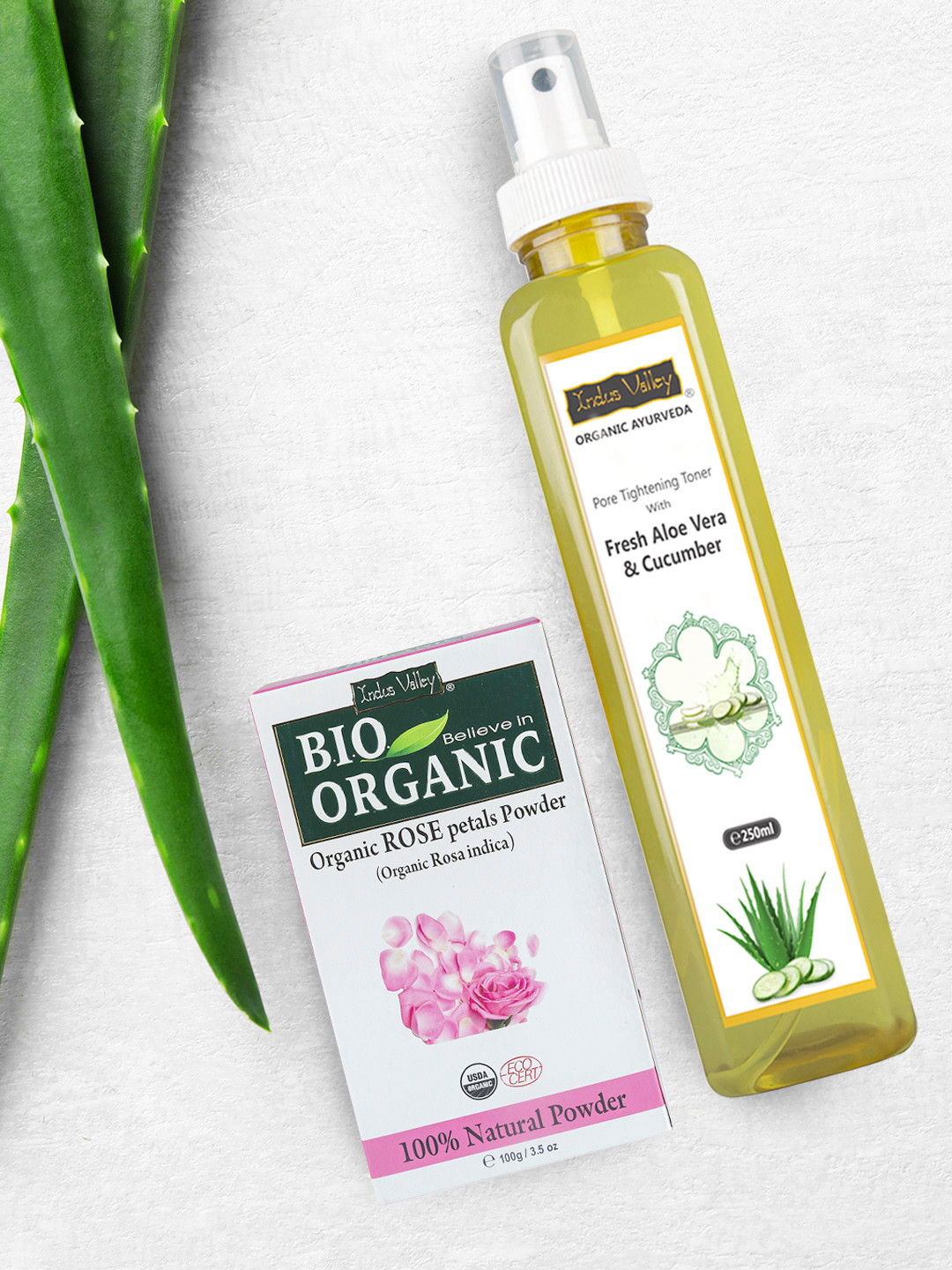 Indus Valley Bio Organic Rose Petal Powder & Ayurveda Fresh Aloe Vera & Cucumber Water