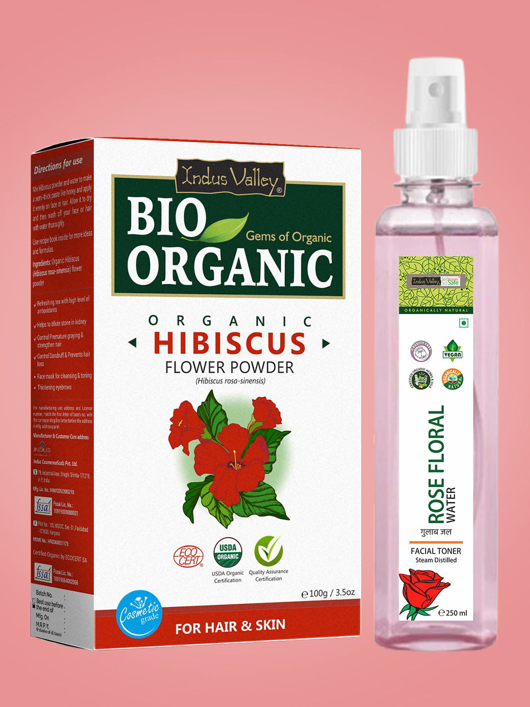 Indus Valley Bio Organic Hibiscus Powder & Ayurveda Facial Toner Fresh Rose Water