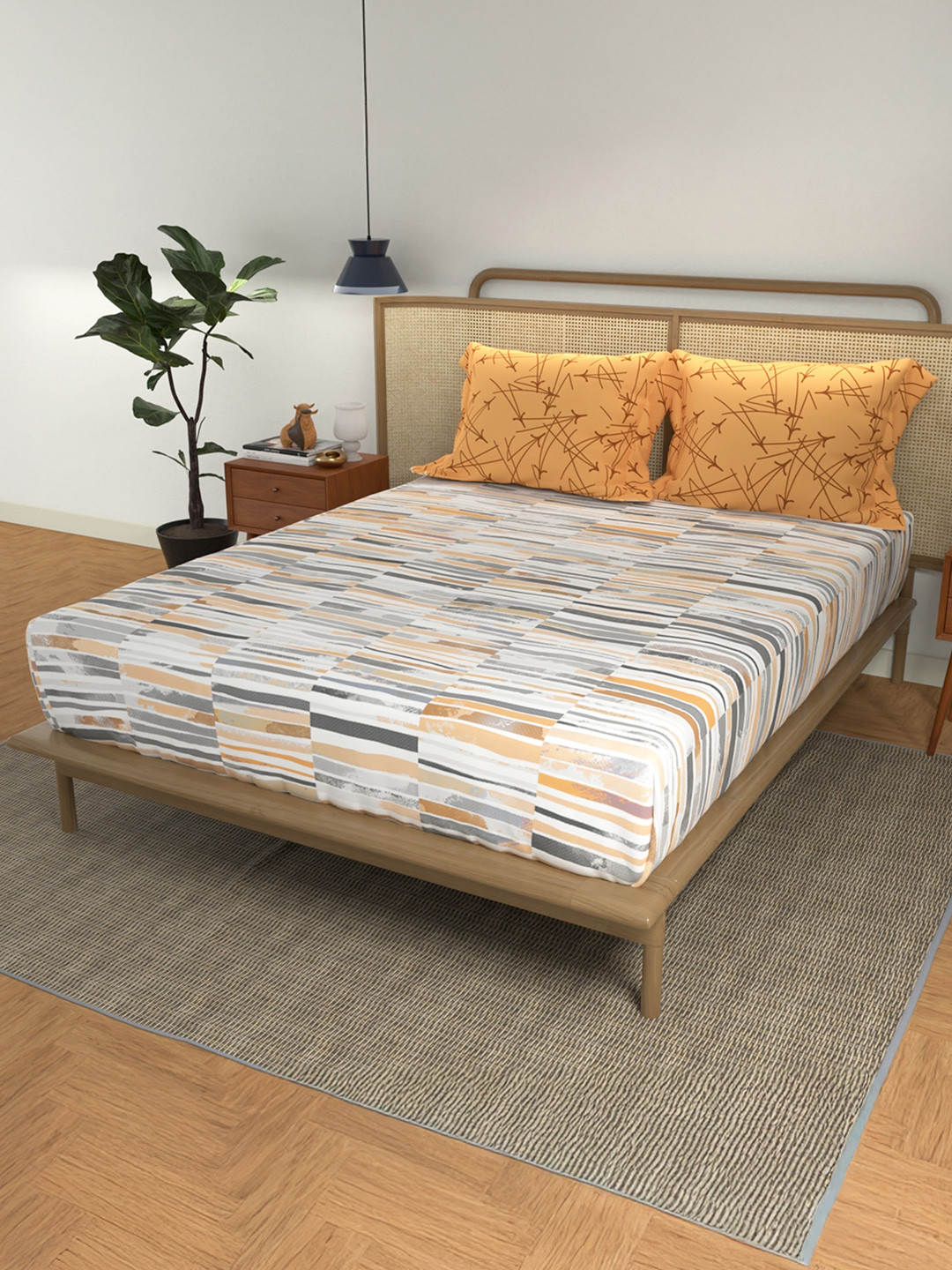 URBAN SPACE Mustard Yellow & Grey 160 TC Cotton 1 Queen Bedsheet with 2 Pillow Covers