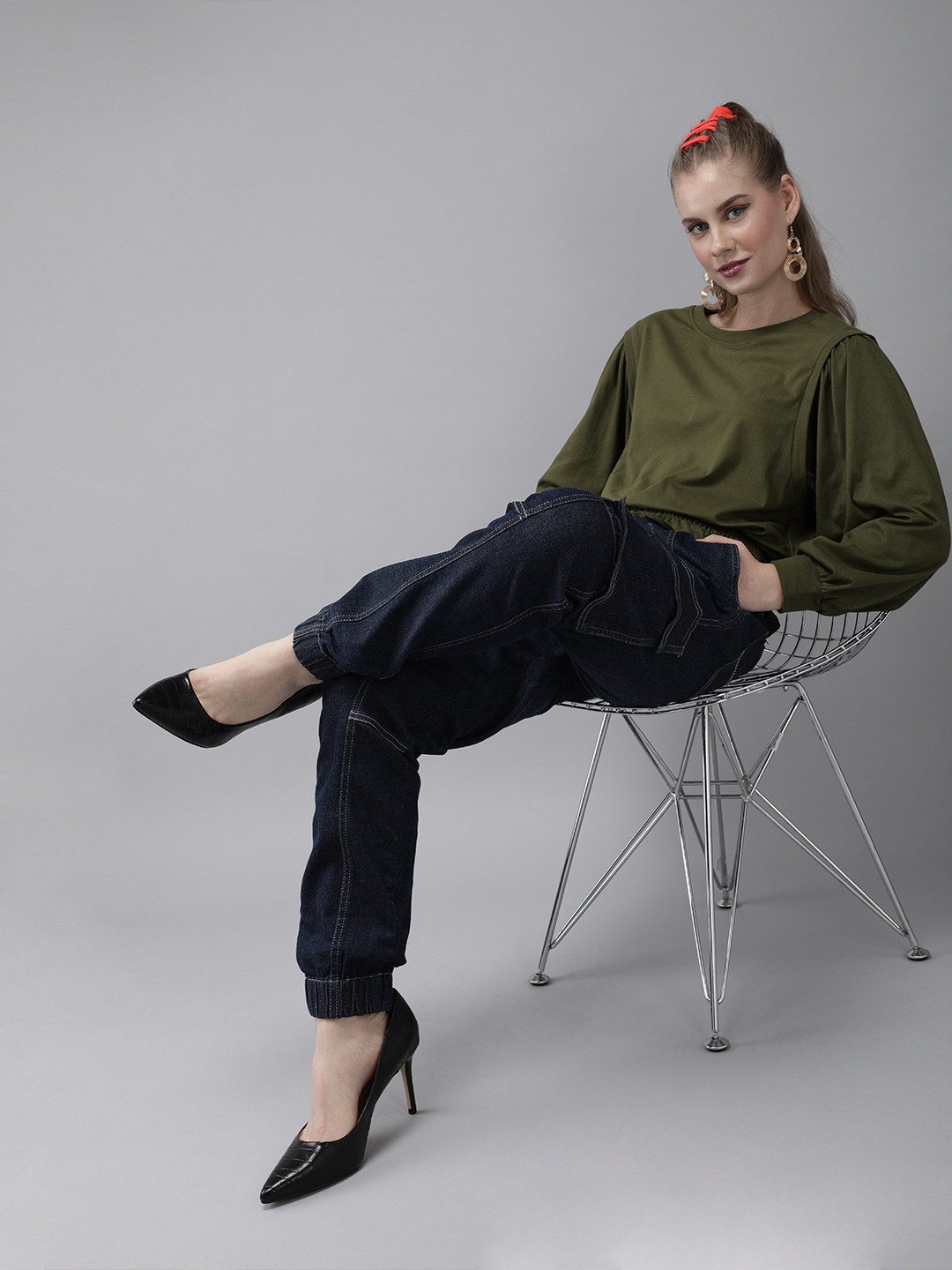 The Roadster Lifestyle Co Women Olive Green Pure Cotton Solid Blouson Top