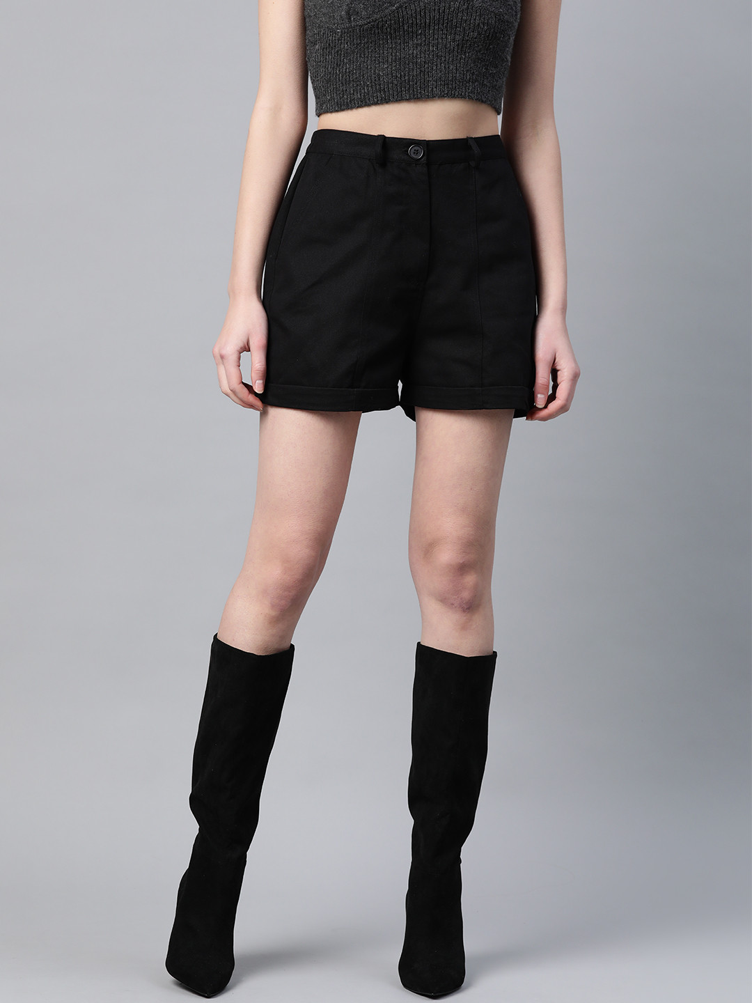 Popnetic Women Black Solid Pure Cotton Regular Shorts