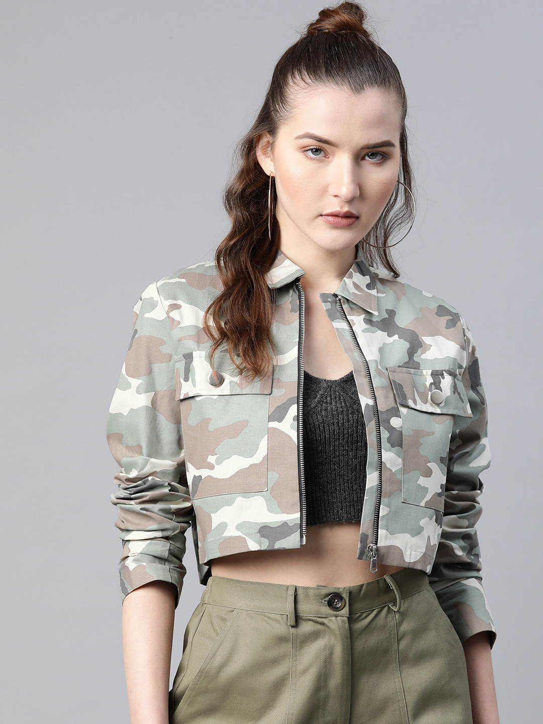 Popnetic Women Green & White Camouflage Print Pure Cotton Crop Jacket