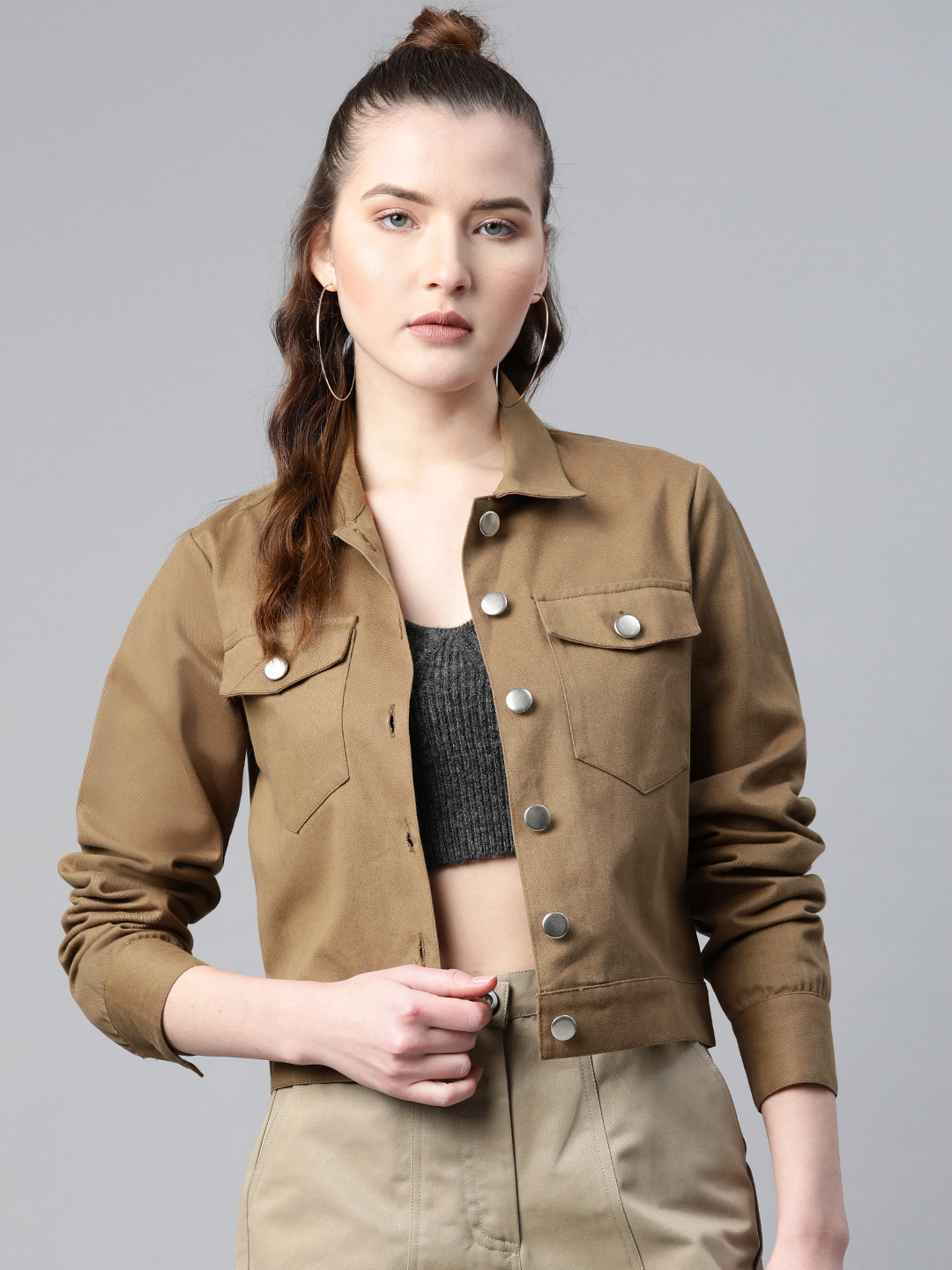 Popnetic Women Khaki Solid Pure Cotton Shacket
