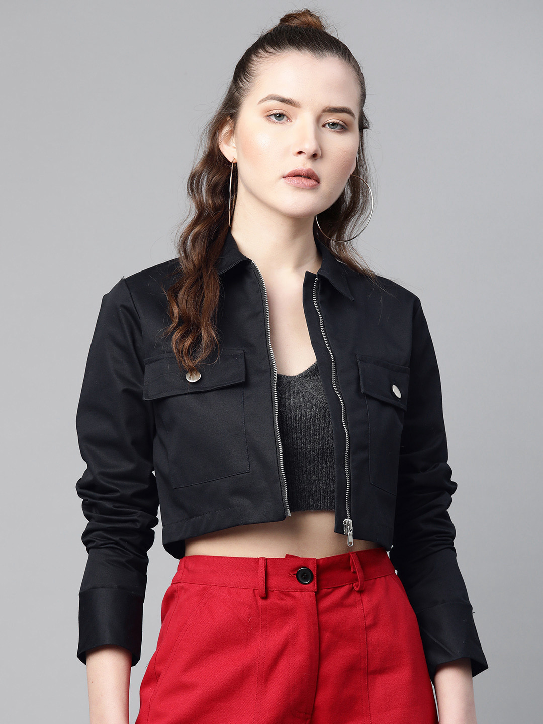 Popnetic Women Black Solid Pure Cotton Crop Jacket