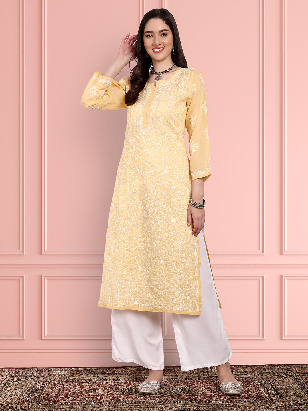 ADA Women Yellow & Off-White Pure Cotton Chikankari Embroidered Straight Handloom Kurta