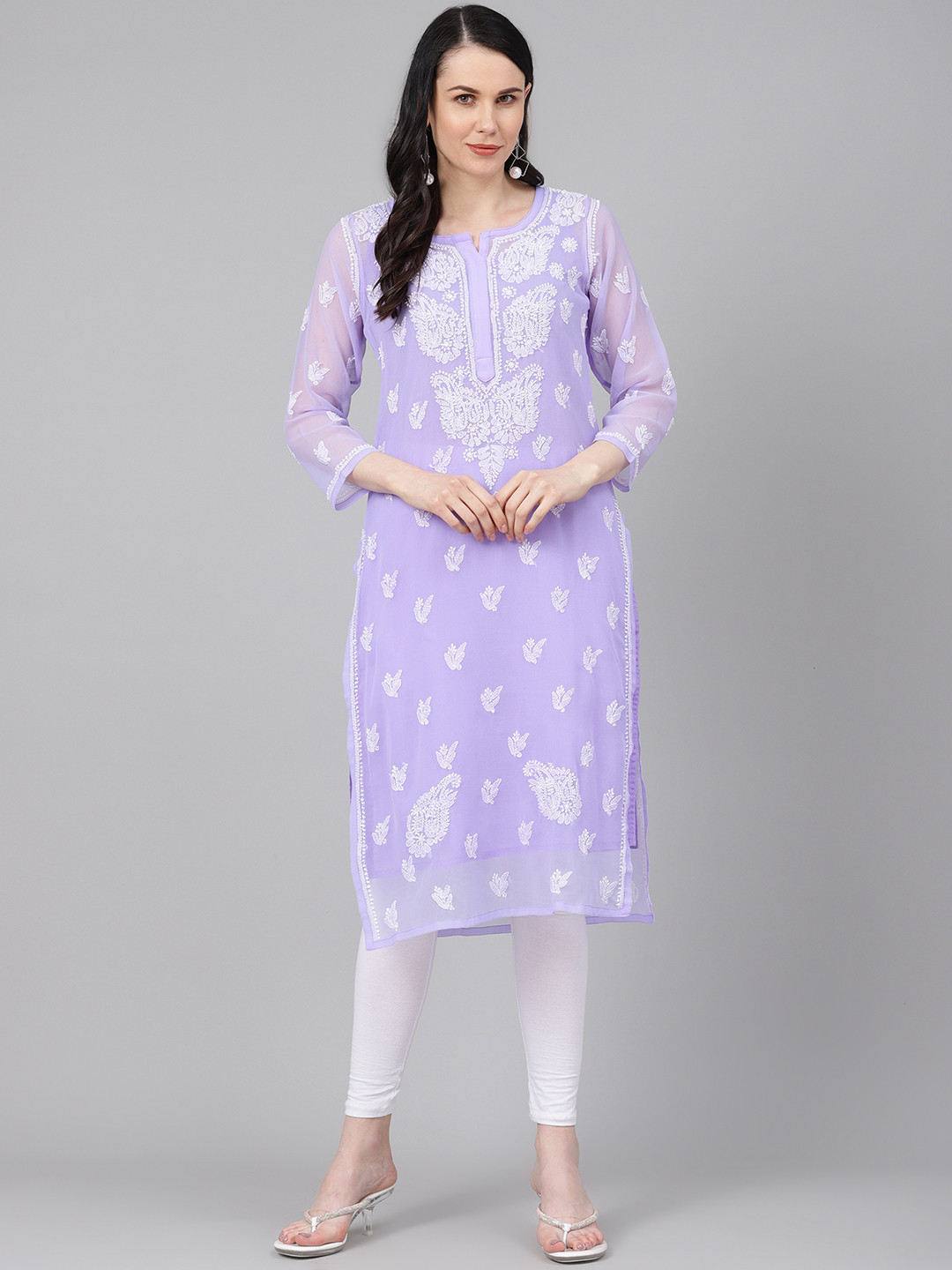 ADA Women Lavender & White Sheer Chikankari Embroidered Straight Handloom Kurta with Inner