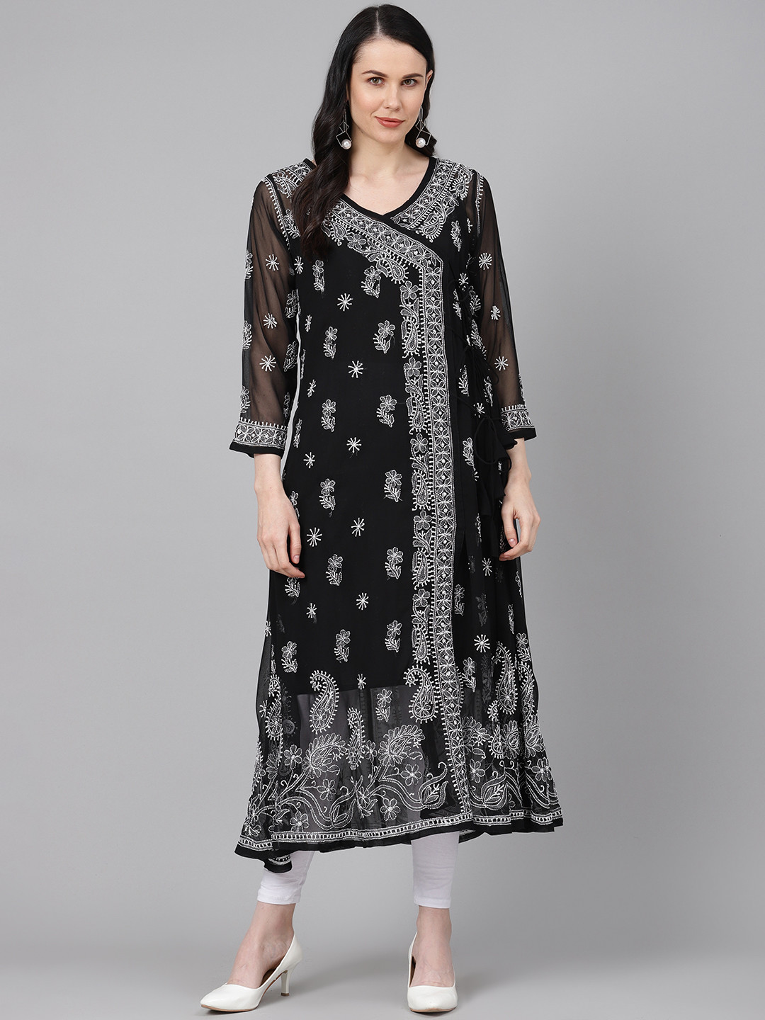 ADA Women Black & White Sheer Chikankari Embroidered Angrakha A-Line Sustainable Handloom Kurta with Inner