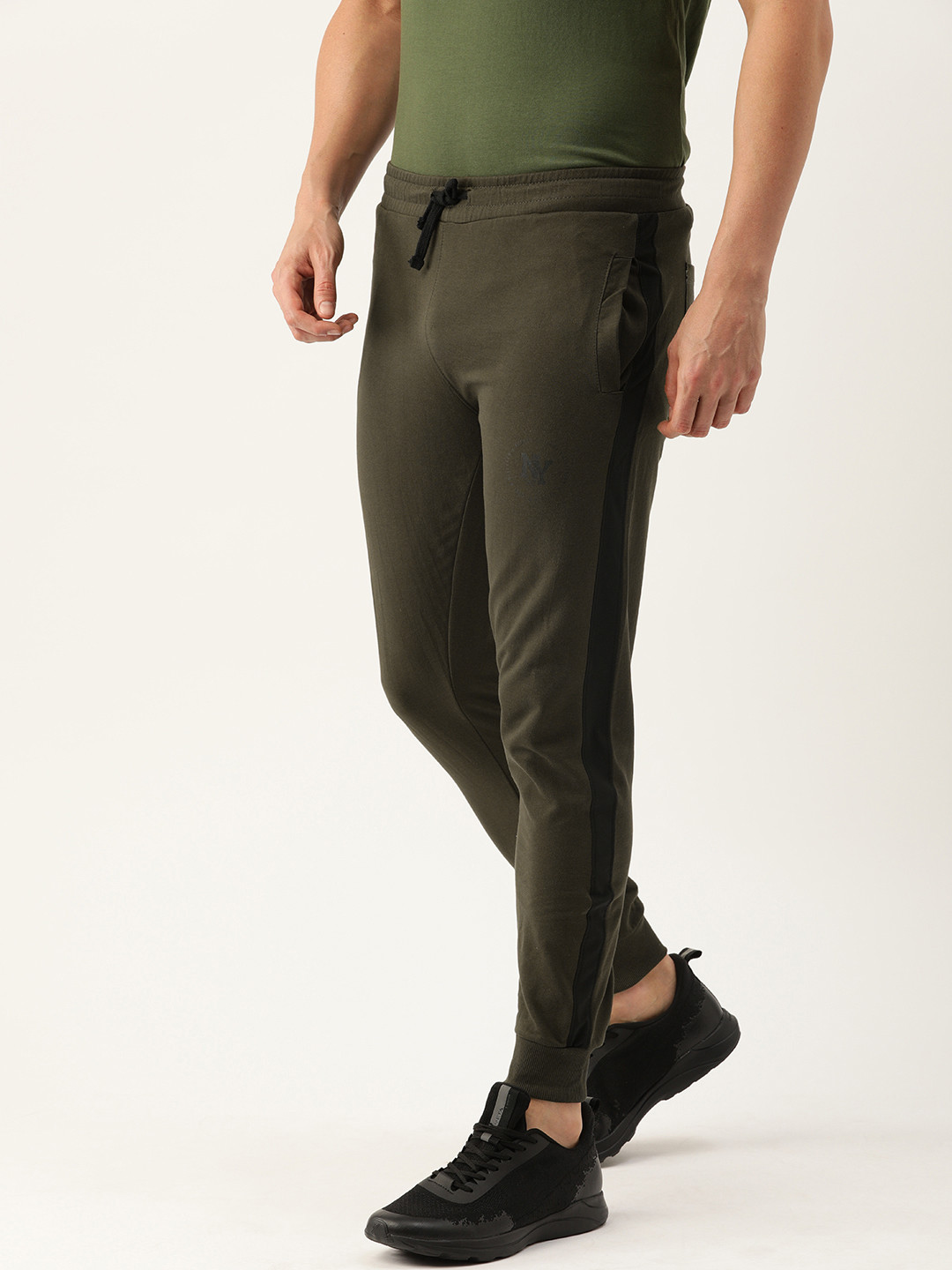 The Indian Garage Co Men Olive Green Solid Joggers with Side Stripe Detail