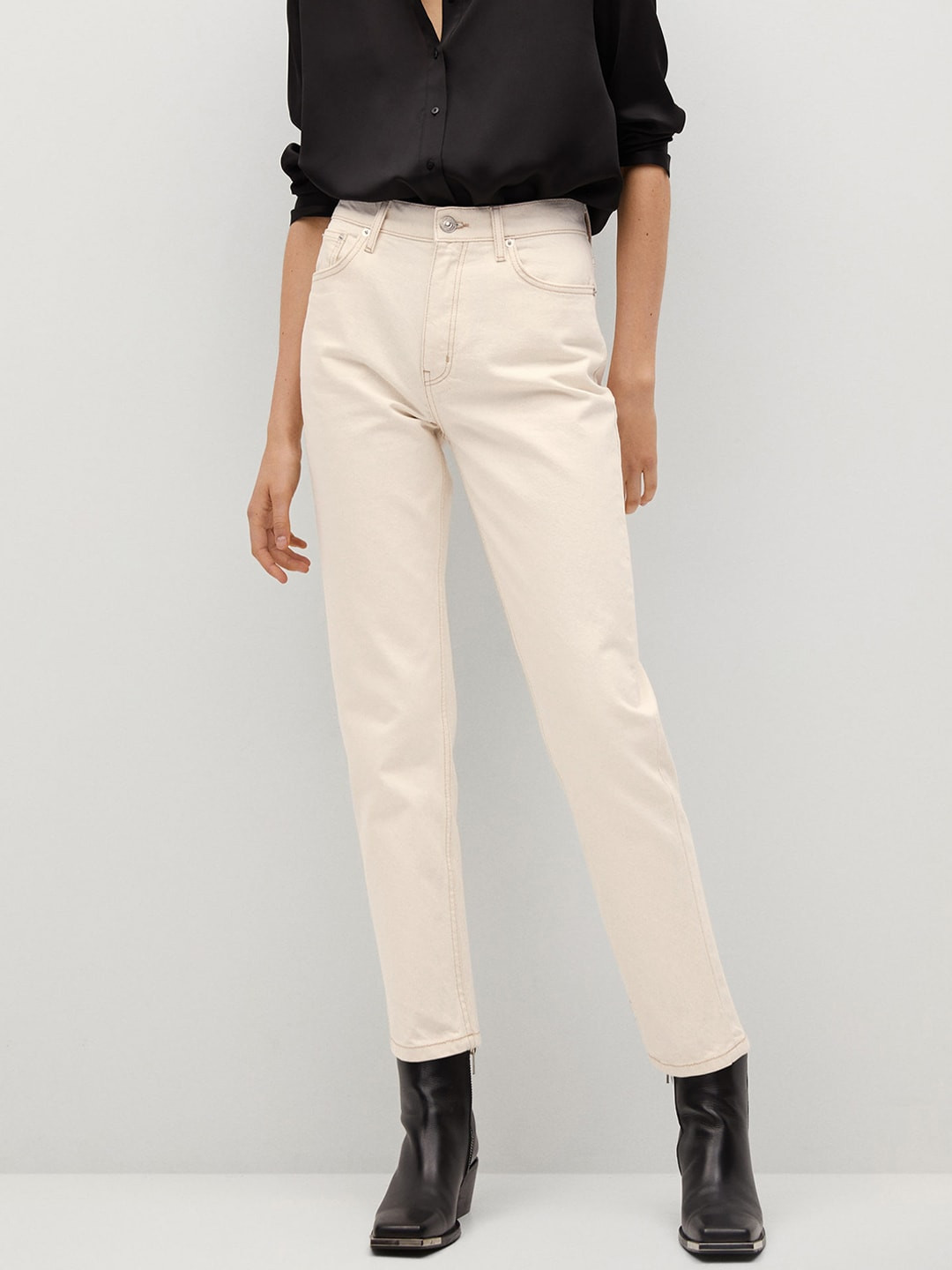 MANGO Women Off-White Mom Fit Sustainable Cotton Mid-Rise Clean Look Jeans