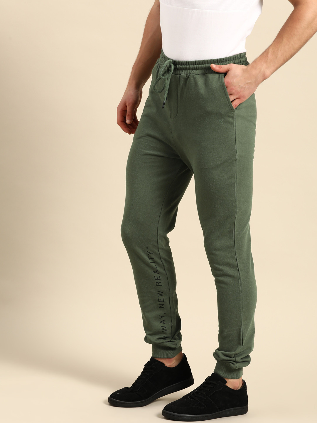 ether Men Olive Green Straight Fit Solid Pure Cotton Joggers