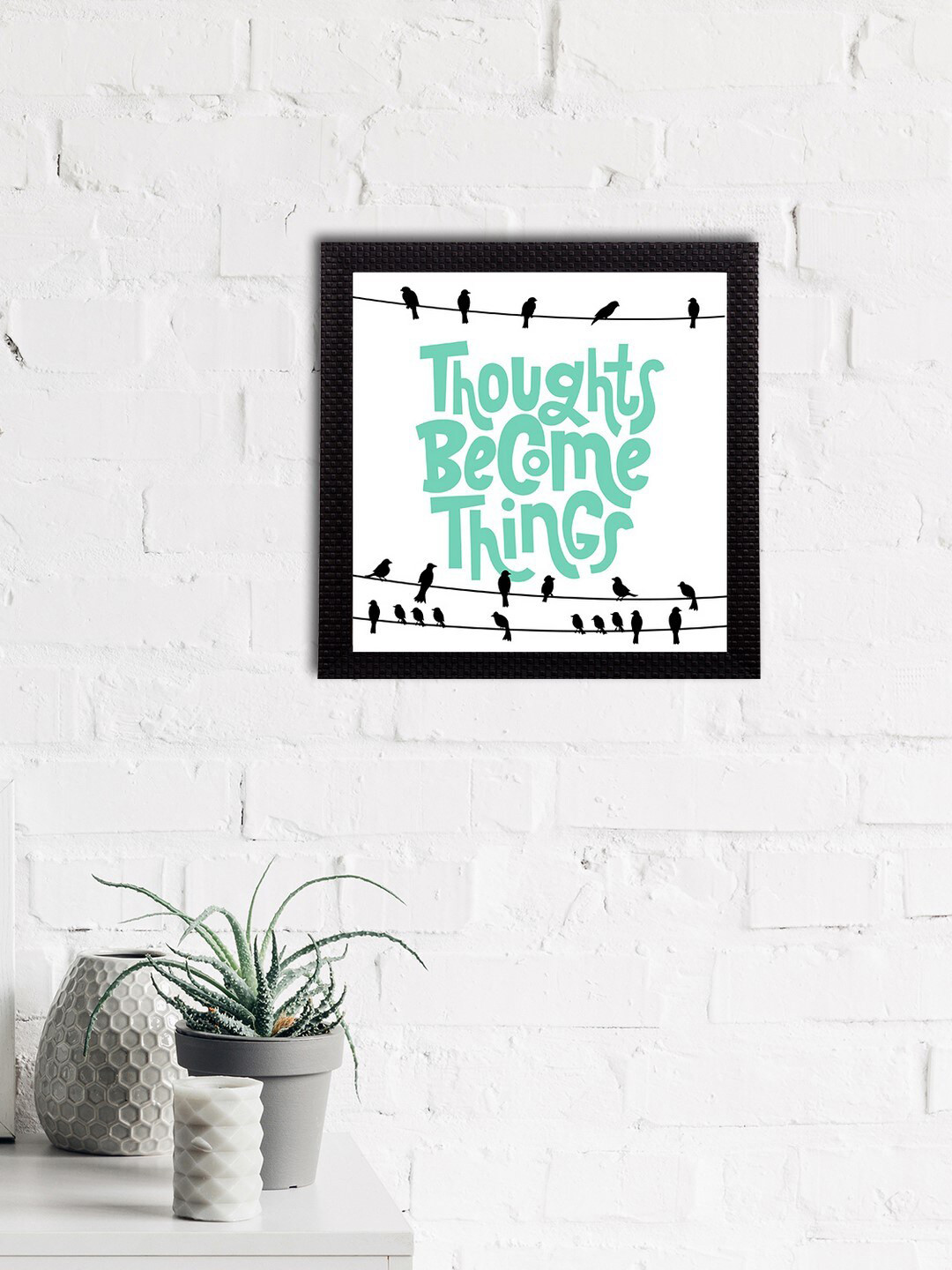 eCraftIndia White & Turquoise Blue Thoughts Become Things Motivational Quote Satin Matt Texture UV Art Painting