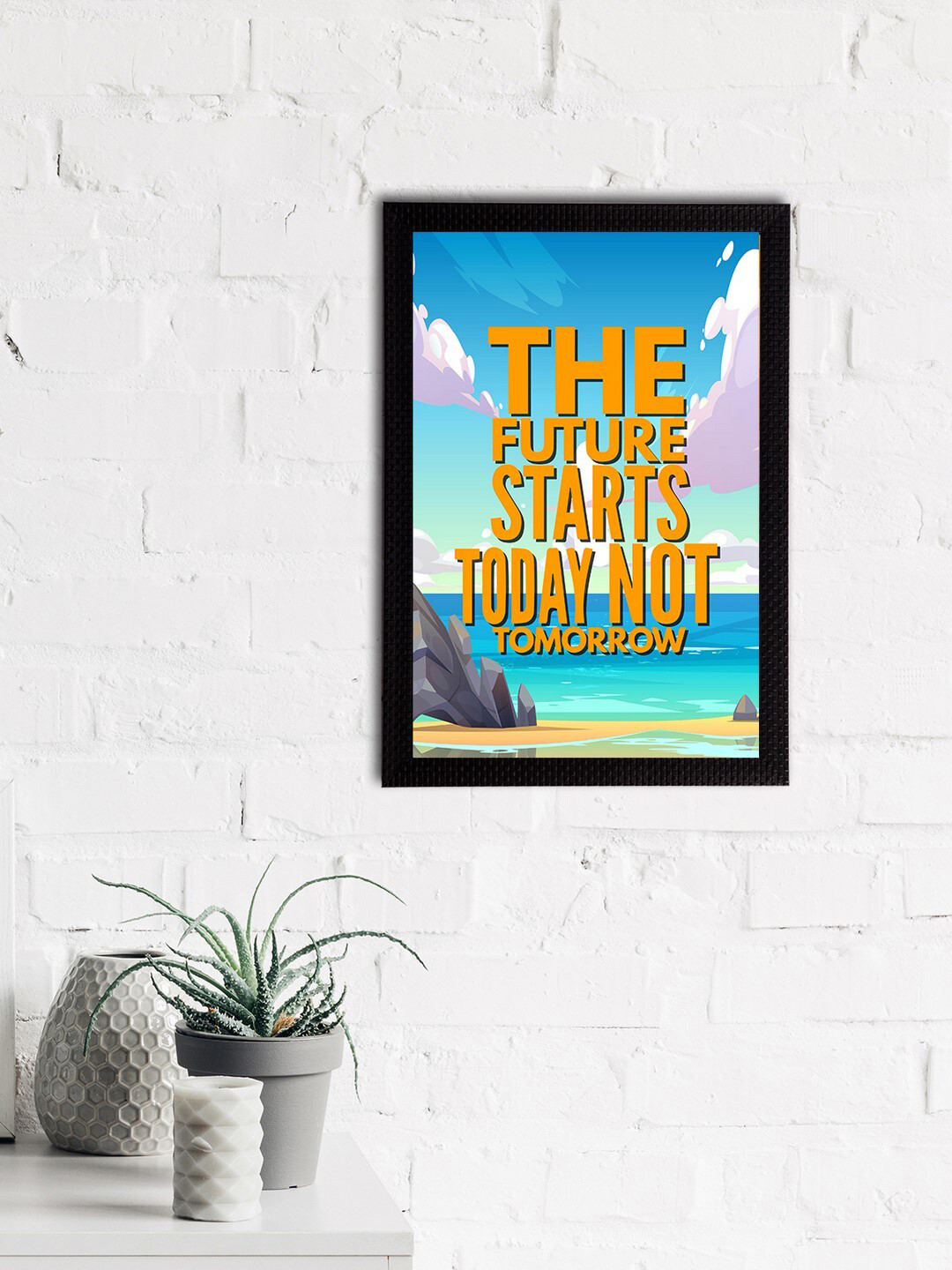 eCraftIndia Orange & Blue The Future Starts Today Not Tomorrow Motivational Quote Matt Texture UV Art Painting