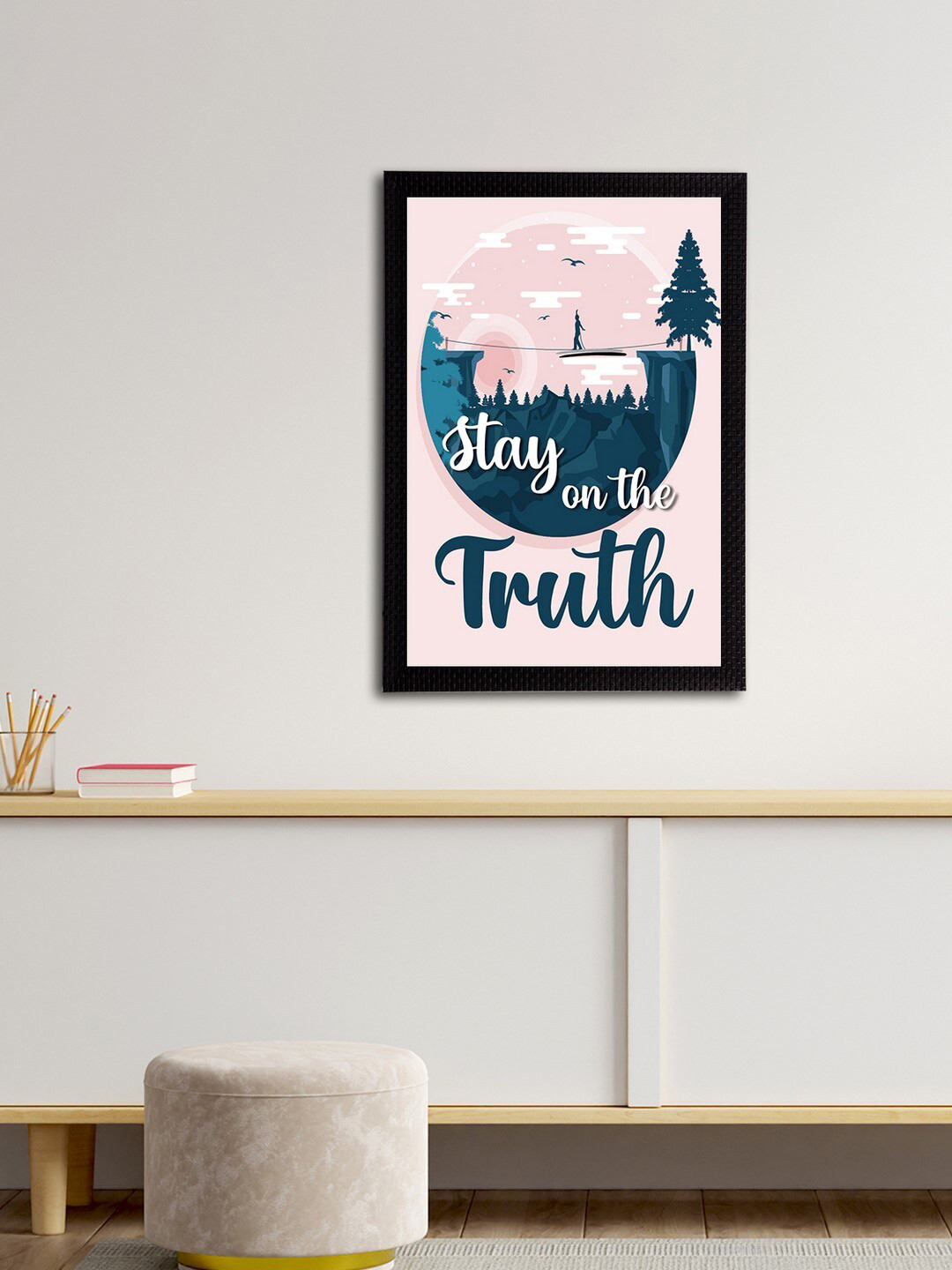 eCraftIndia Peach Coloured & Green Stay On The Truth Motivational Quote Satin Matt Texture UV Art Painting