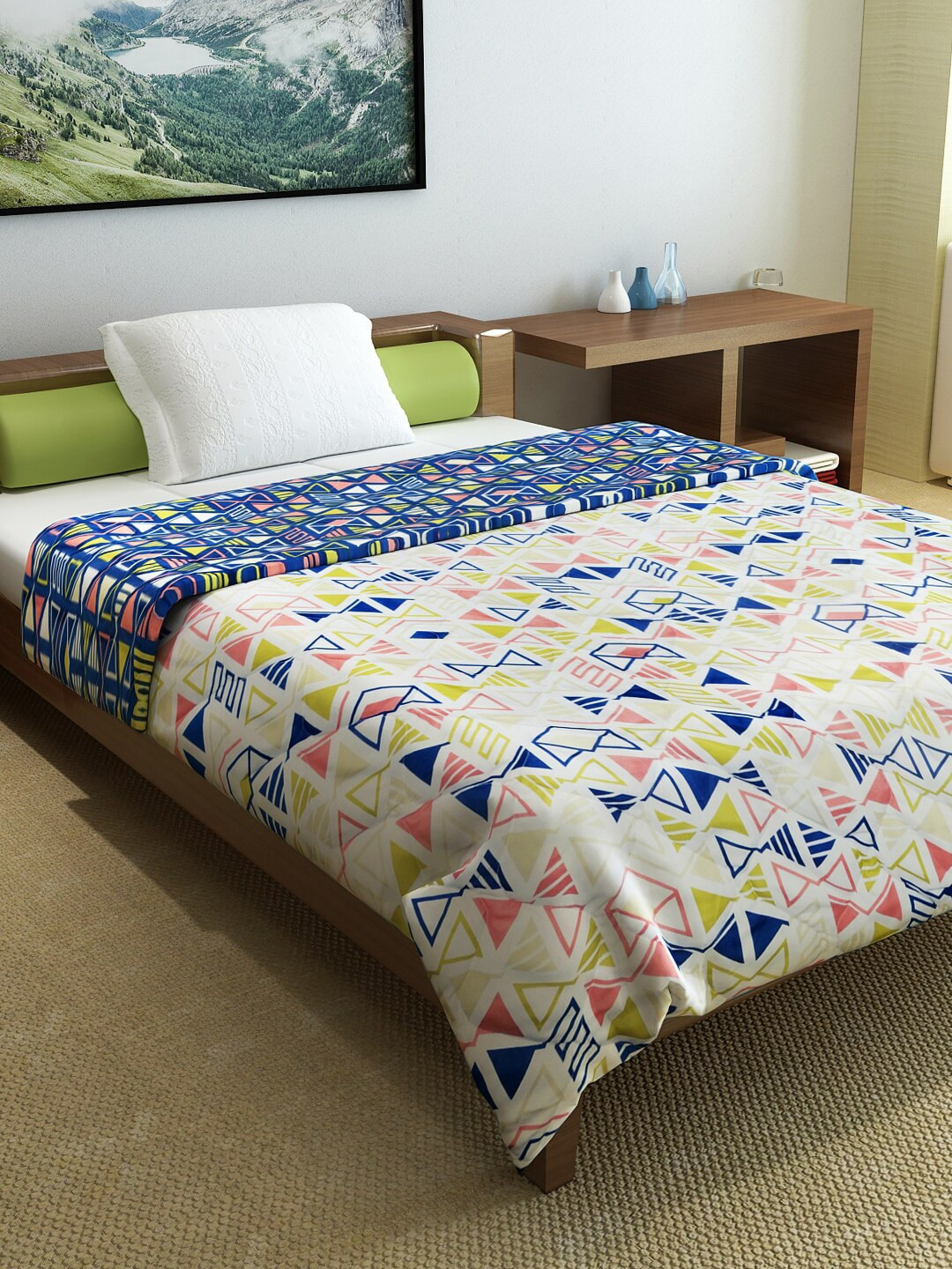 Divine Casa Navy Blue & White Geometric Printed Reversible Mild Winter 110 GSM Single Bed Comforter