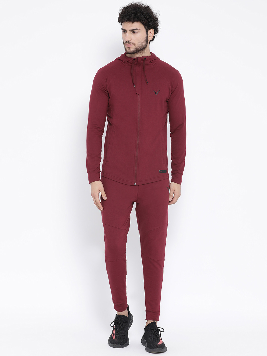 Invincible Men Maroon Solid Hooded Tracksuit