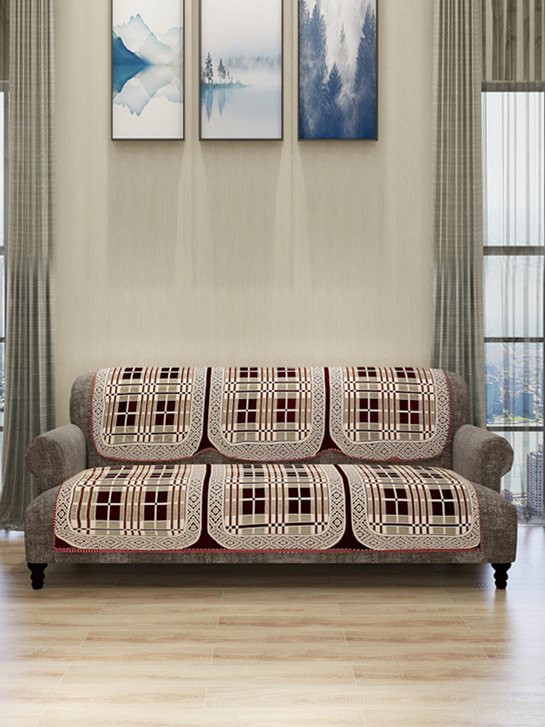 ROMEE Set Of 6 Beige & Maroon Self-Design 5-Seater Sofa Covers