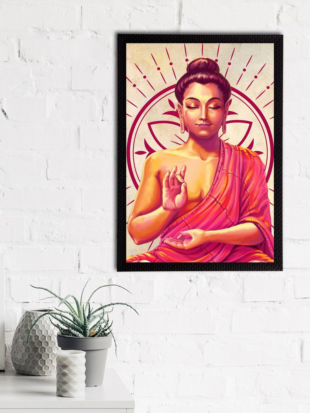 eCraftIndia Beige & Pink Meditating Lord Buddha Satin Matt Texture UV Art Painting