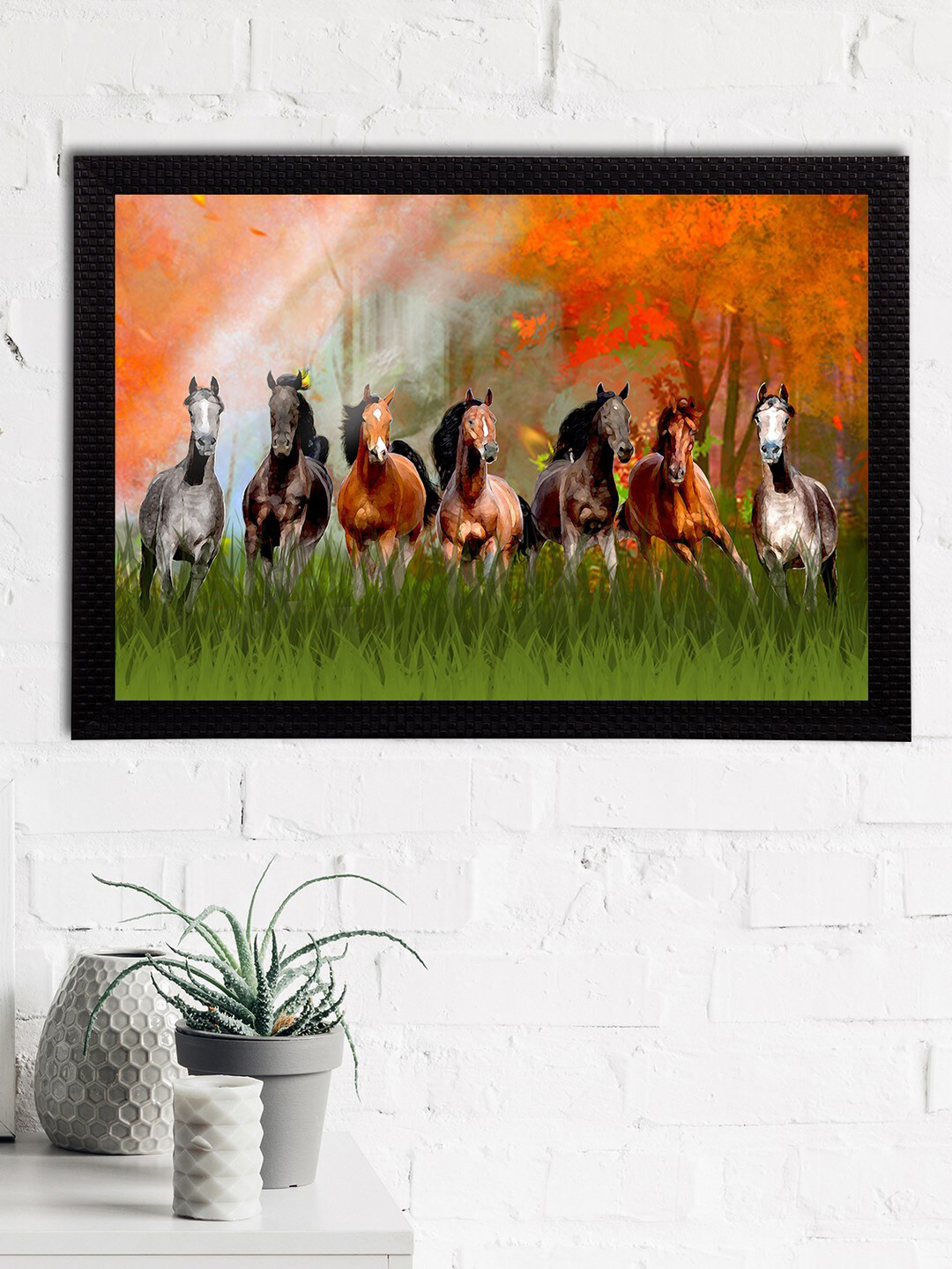 eCraftIndia Lucky Running Horses Satin Matt Wall Rectangle Paintings Wall Art -14 x20In