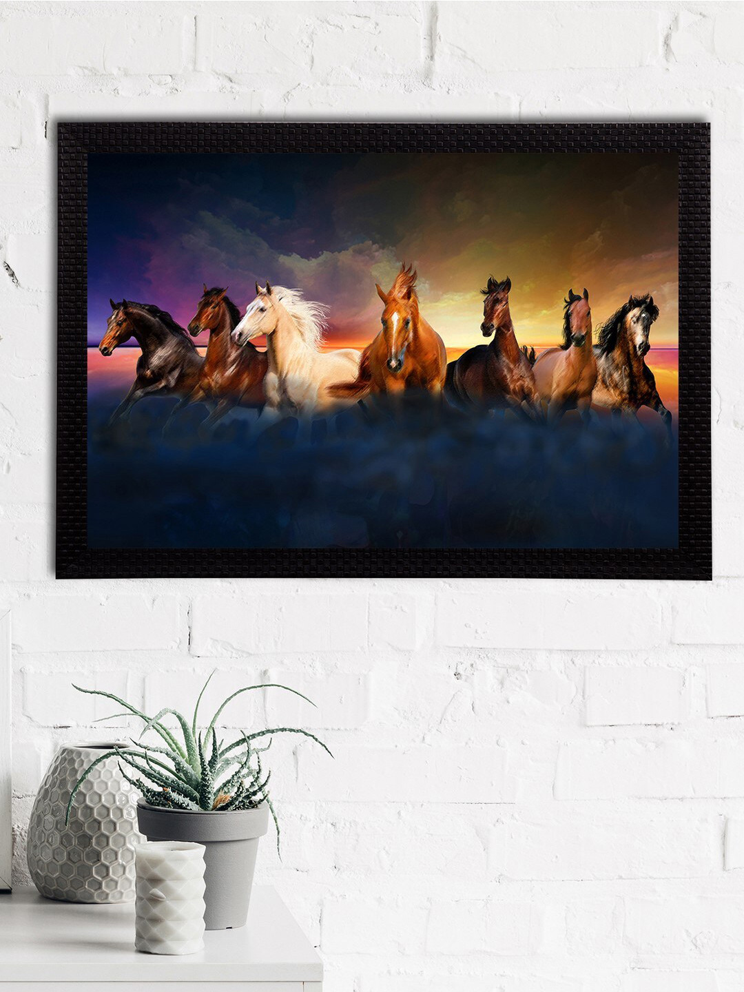 eCraftIndia 7 Lucky Running Horses Paper Wall Rectangle Paintings Wall Art - 14 x 20In