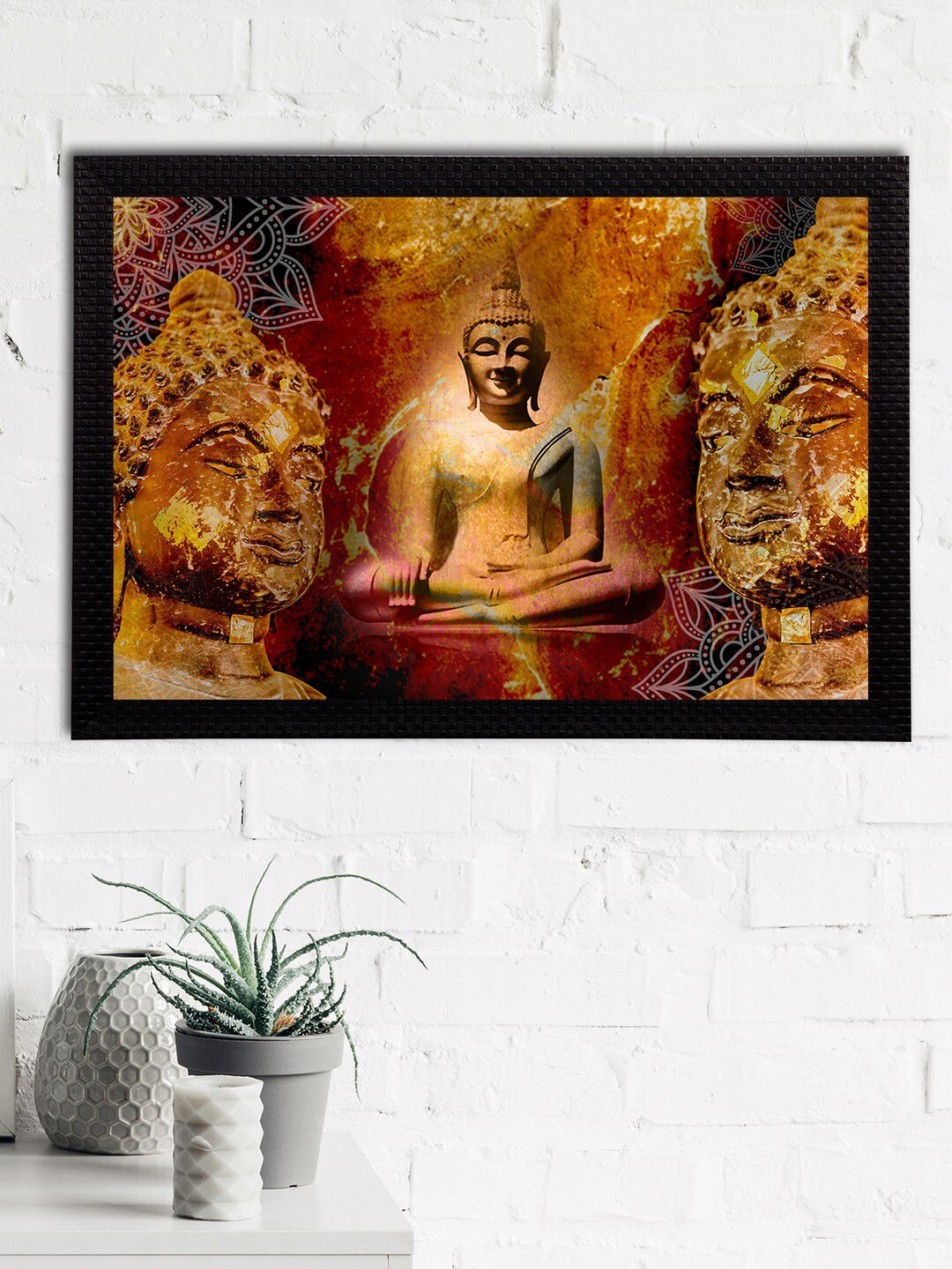 eCraftIndia Brown & Gold-Toned Meditating Lord Buddha Satin Matt Textured UV Wall Art