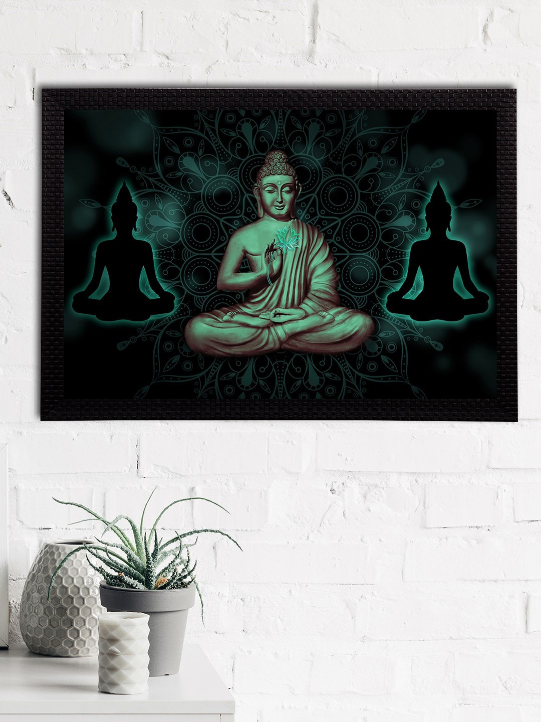 eCraftIndia Green & Black Meditating Lord Buddha Satin Matt Textured UV Wall Art