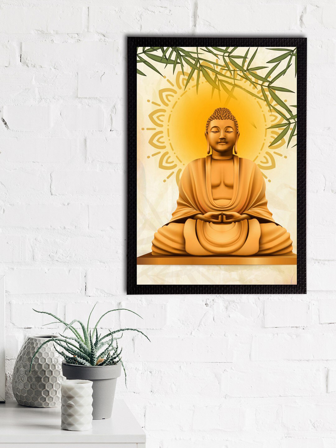 eCraftIndia Gold-Toned & Cream-Coloured Meditating Lord Buddha Satin Matt Textured UV Wall Art