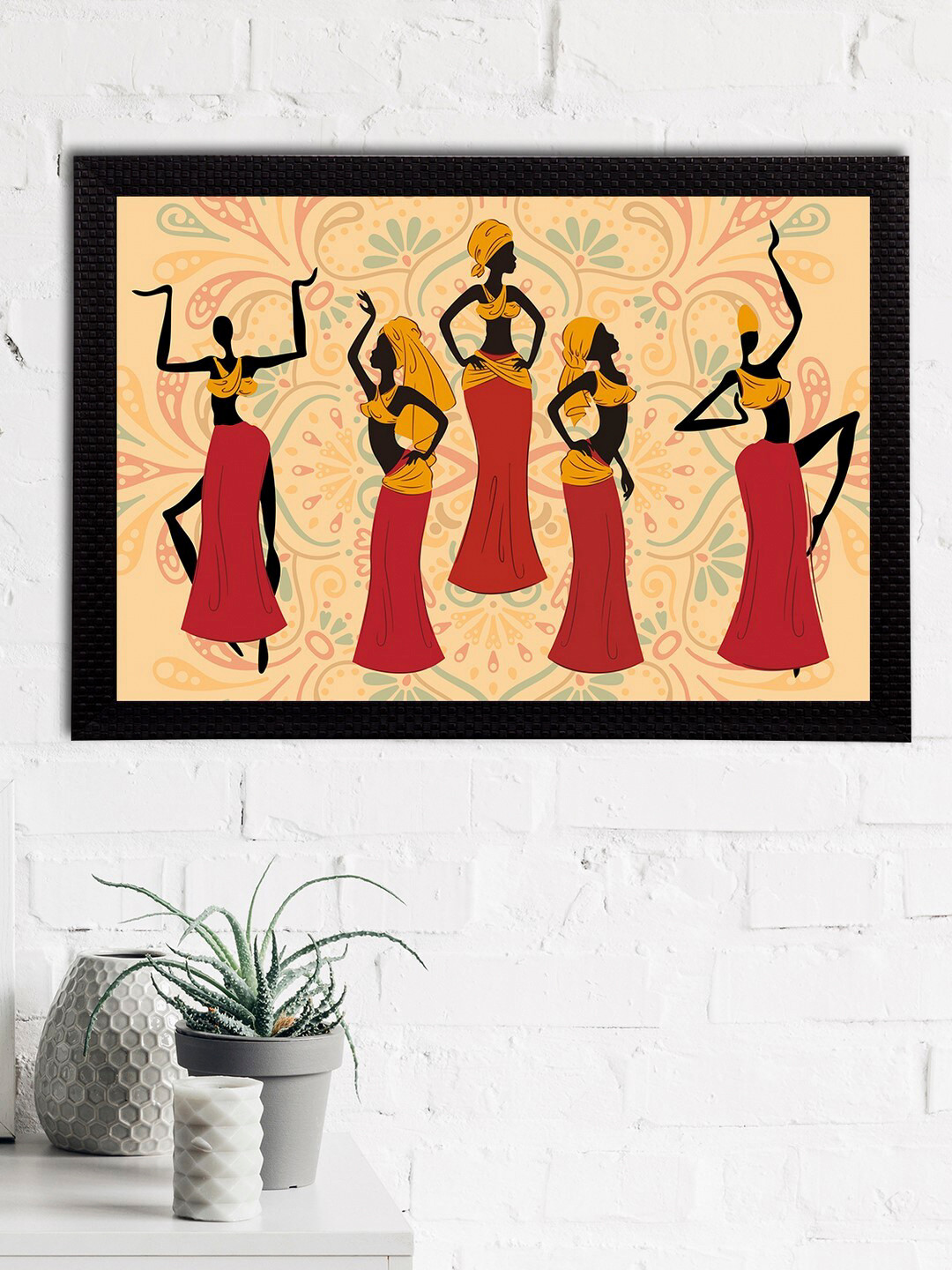 eCraftIndia Cream-Coloured & Red Tribal Theme Satin Matt Textured UV Wall Art