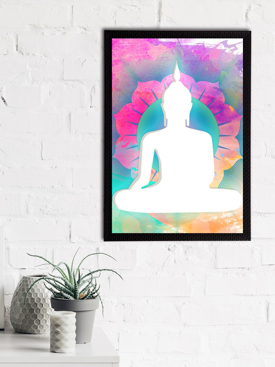 eCraftIndia White & Pink Meditating Lord Buddha Satin Matt Texture UV Wall Painting