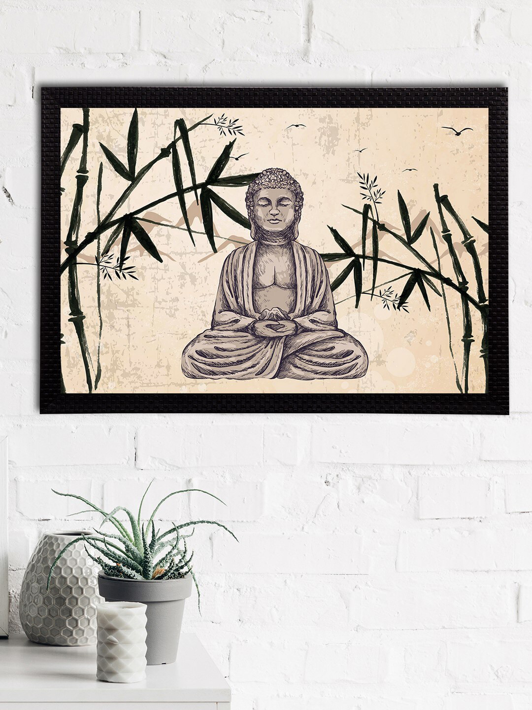 eCraftIndia Cream-Coloured & Green Meditating Lord Buddha Satin Matt Textured UV Wall Art