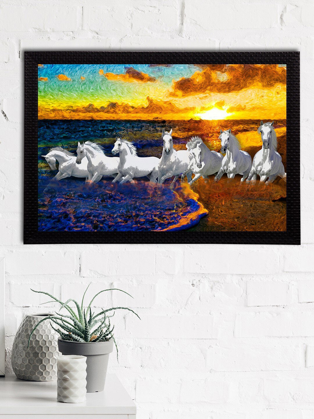 eCraftIndia White & Blue 7 Lucky Running Horses Satin Matt Textured UV Wall Art