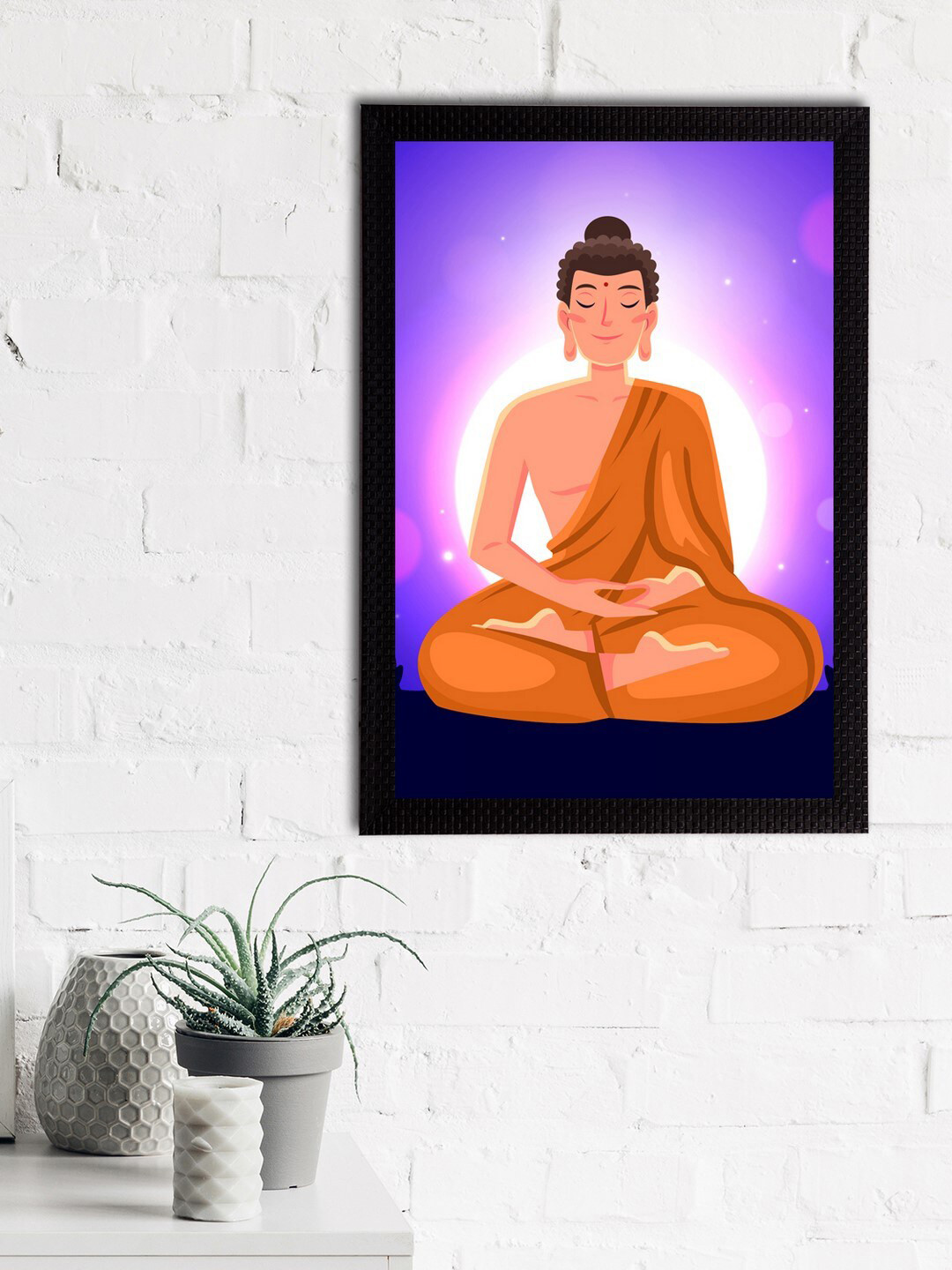 eCraftIndia Purple & Mustard Orange Meditating Lord Buddha Satin Matt Textured UV Wall Art