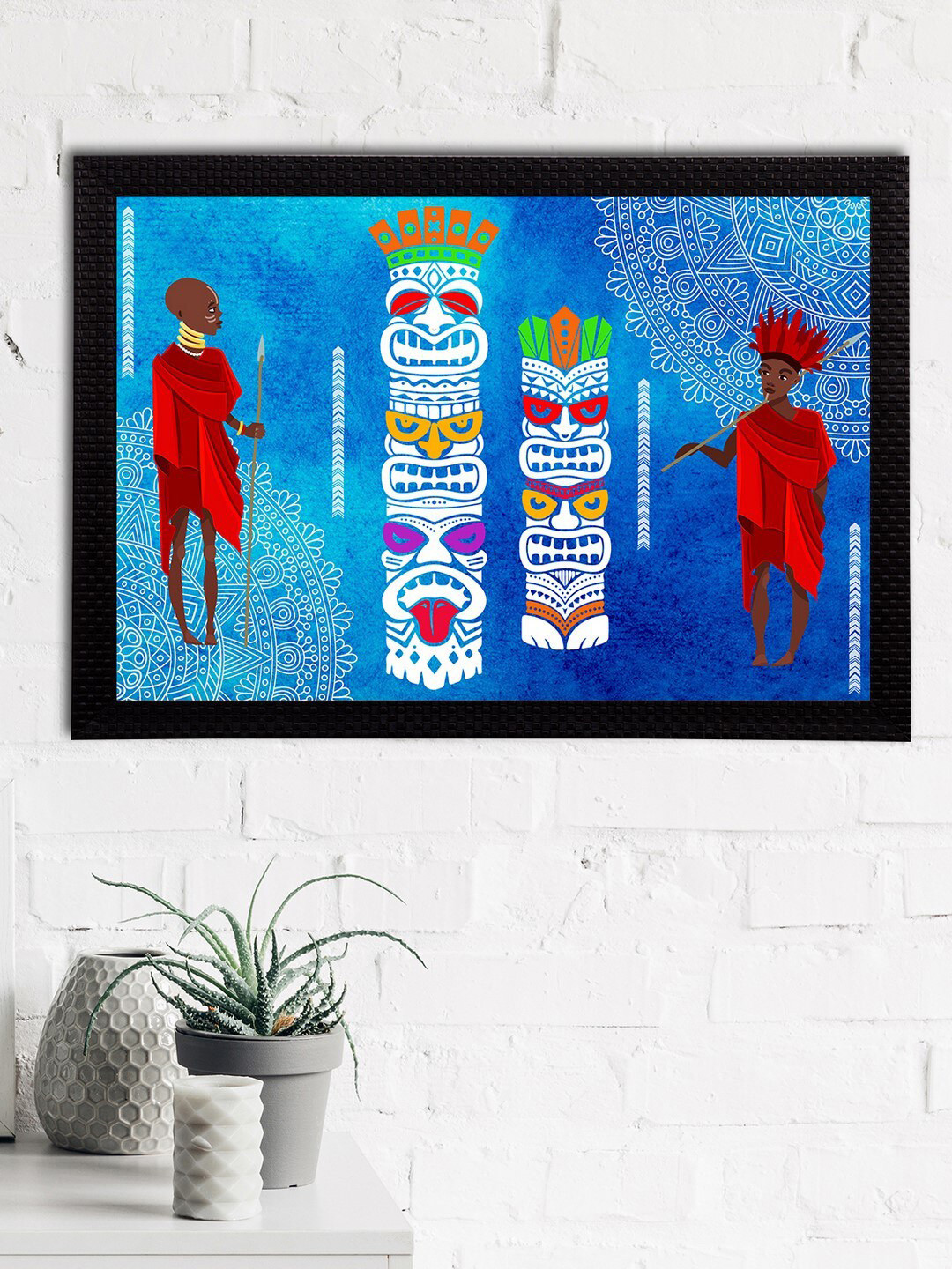 eCraftIndia Blue & Red Tribal Theme Satin Matt Texture UV Wall Art