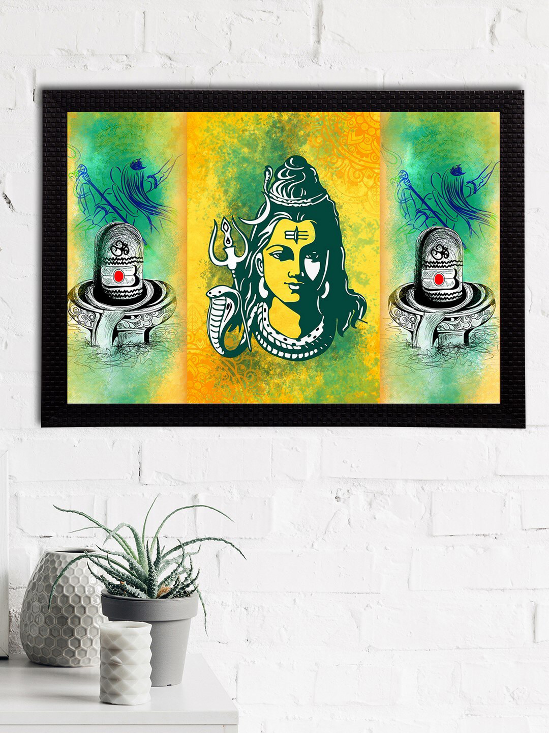 eCraftIndia Green & Yellow Lord Shiva Satin Matt Textured UV Wall Art