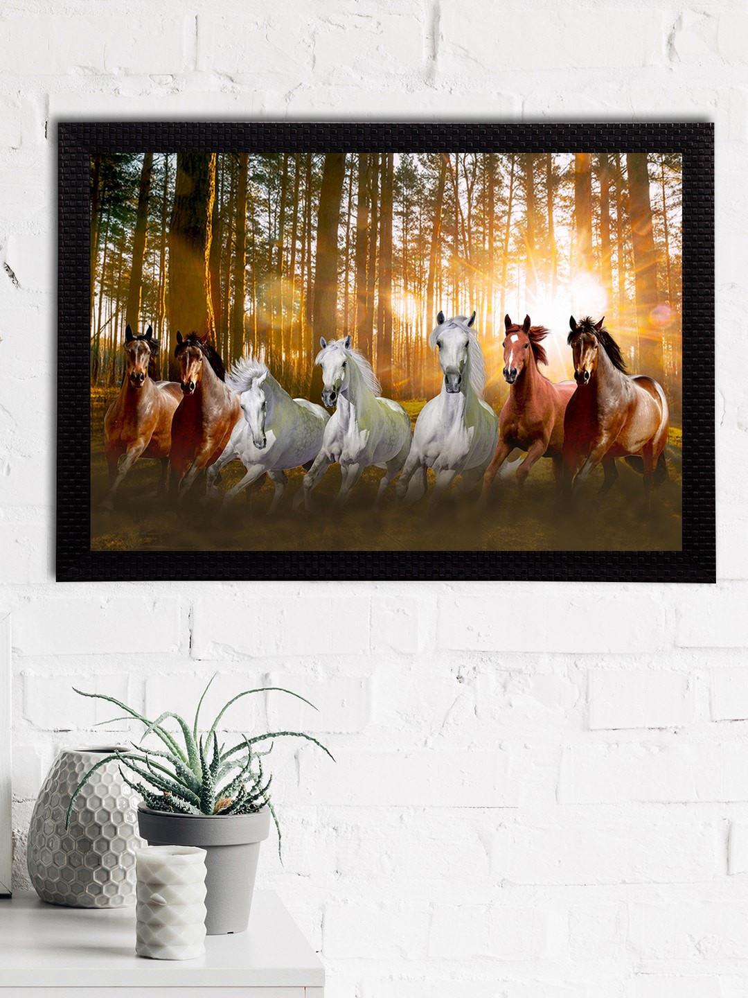 Artisyn Brown & White 7 Lucky Running Horses Satin Matt Textured UV Wall Art