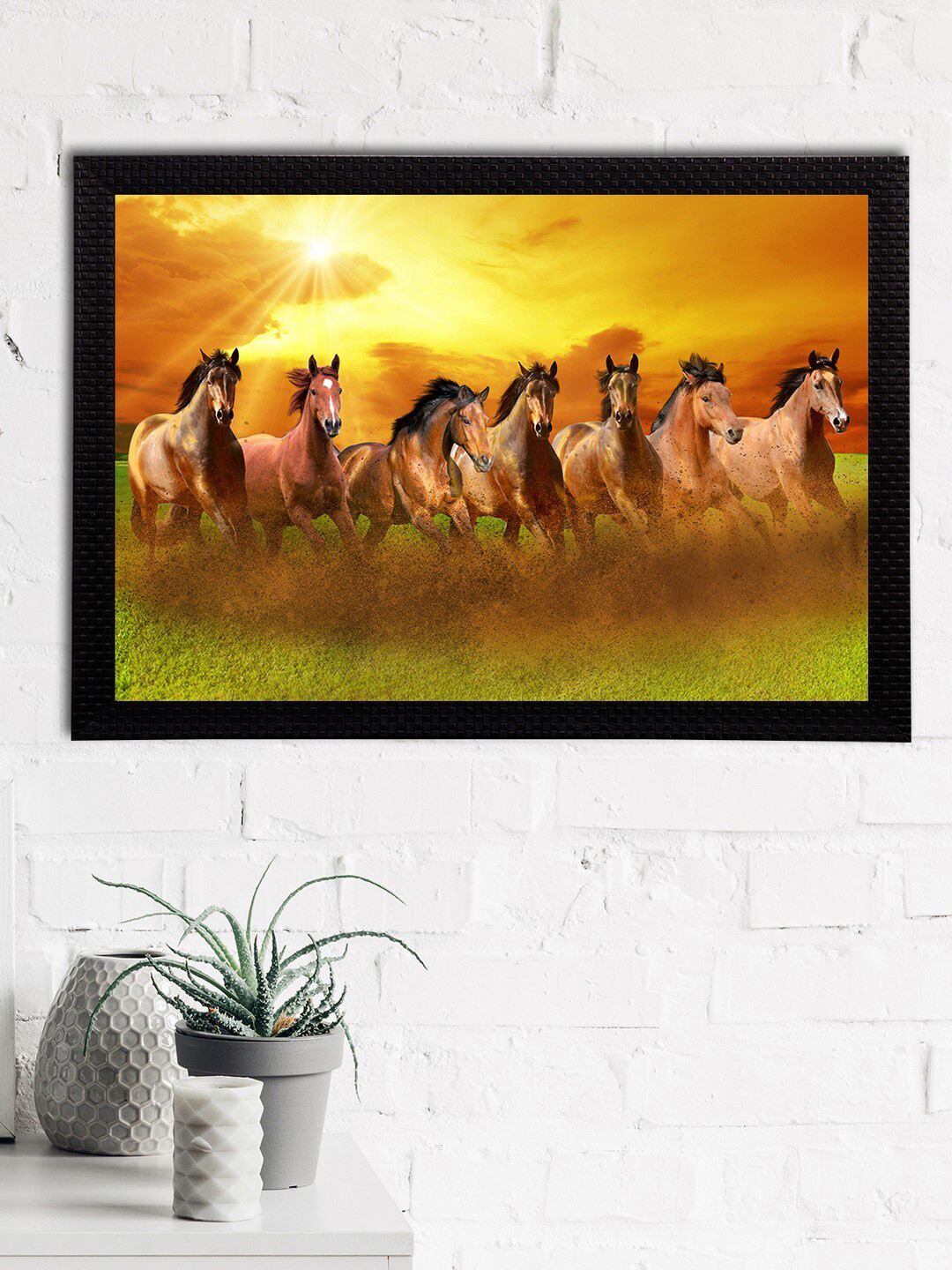 eCraftIndia Lucky Running Horses Wall Rectangle Paintings Wall Art - 20x14In
