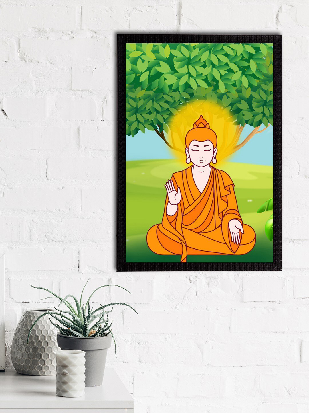 eCraftIndia Mustard Orange & Green Meditating Lord Buddha Satin Matt Textured UV Wall Art