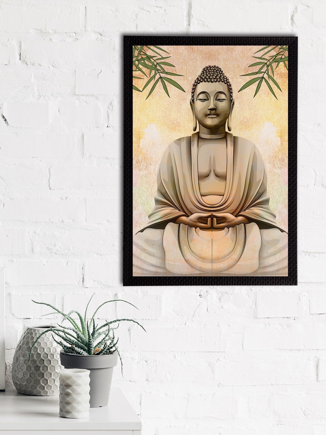 eCraftIndia Cream-Coloured & Green Meditating Lord Buddha Satin Matt Textured UV Wall Art
