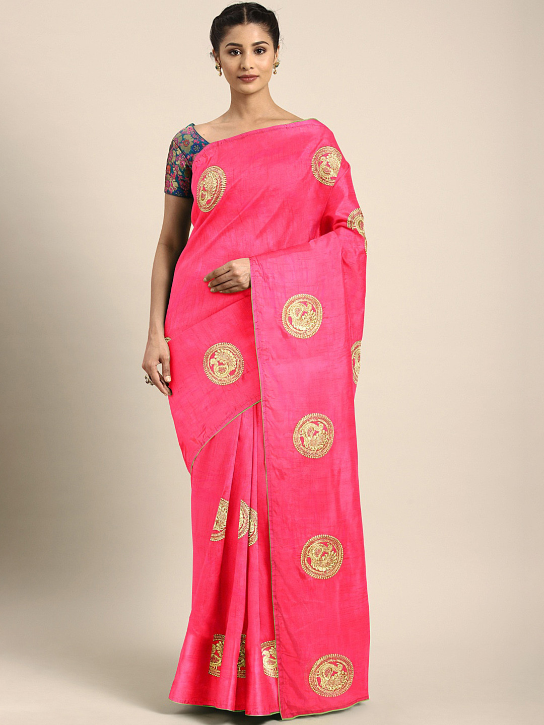 KALINI Pink Ethnic Motifs Embroidered Silk Blend Saree