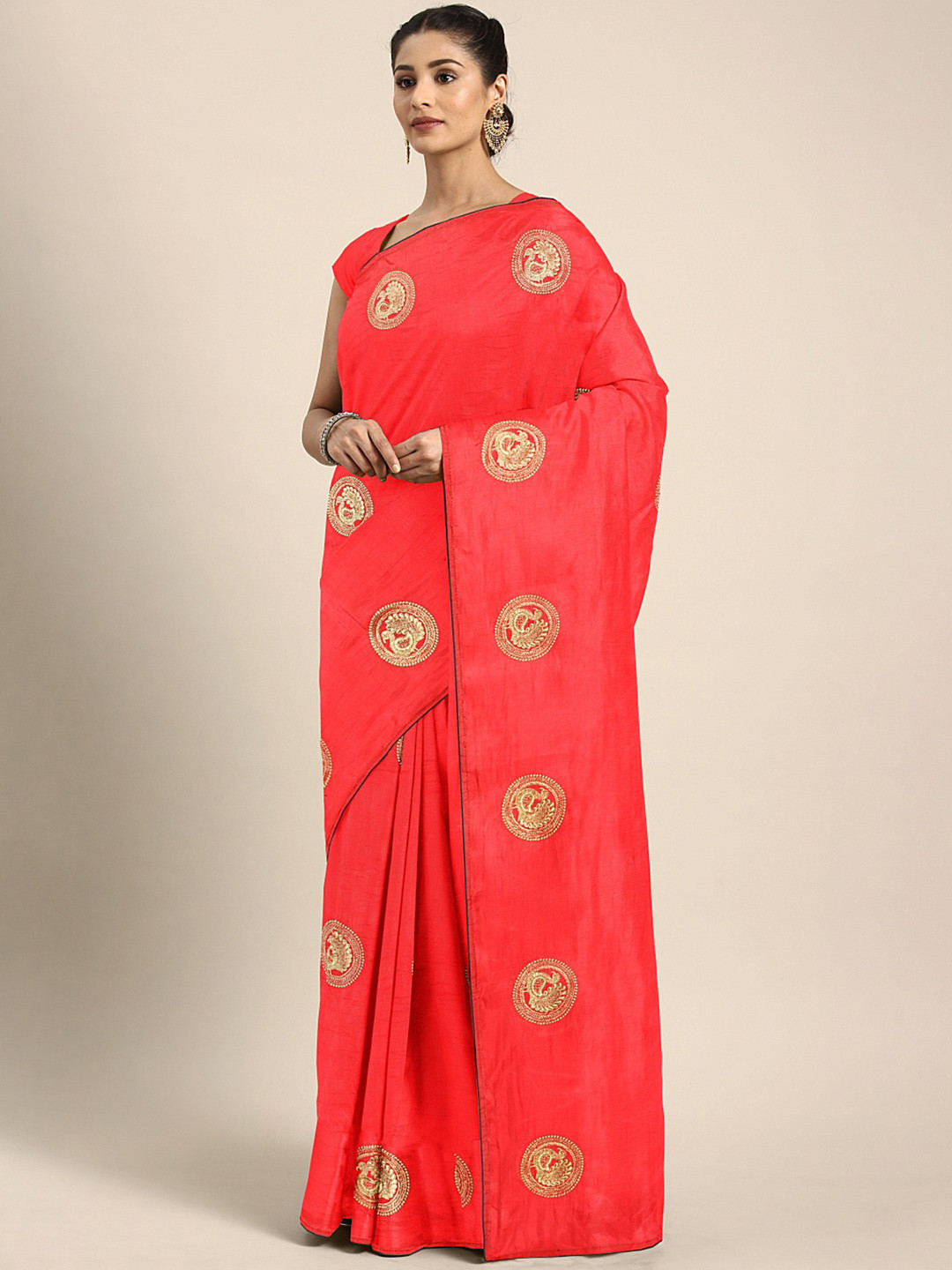 KALINI Red Ethnic Motifs Embroidered Silk Blend Saree
